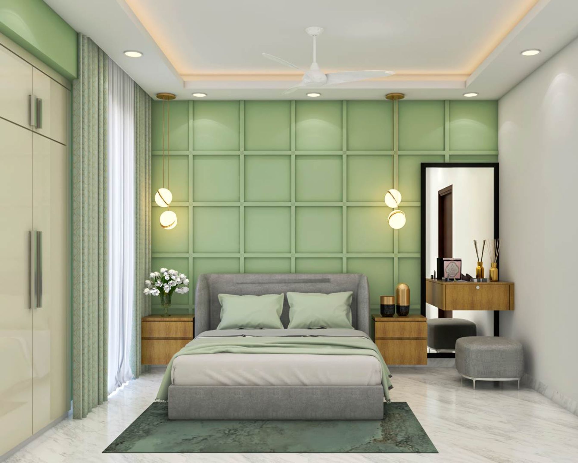 Spacious Green Master Bedroom Design With Upholstered Bed | Livspace