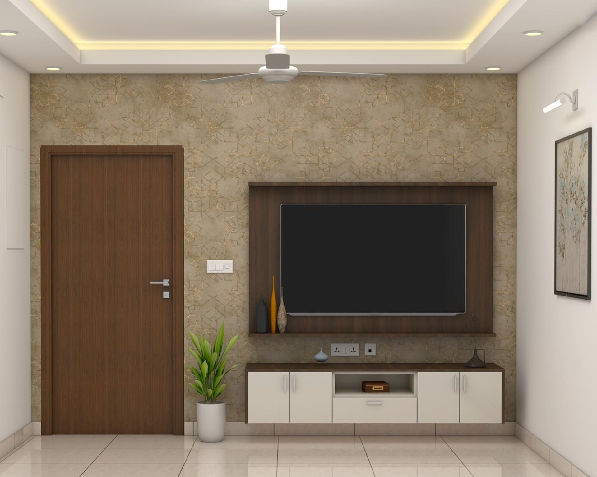 Modern TV Unit Design With Brown Wallpaper | Livspace