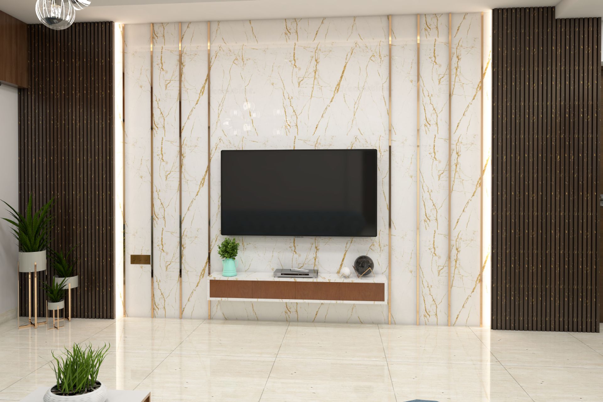 Contemporary Spacious TV Unit Design With Black Marble | Livspace