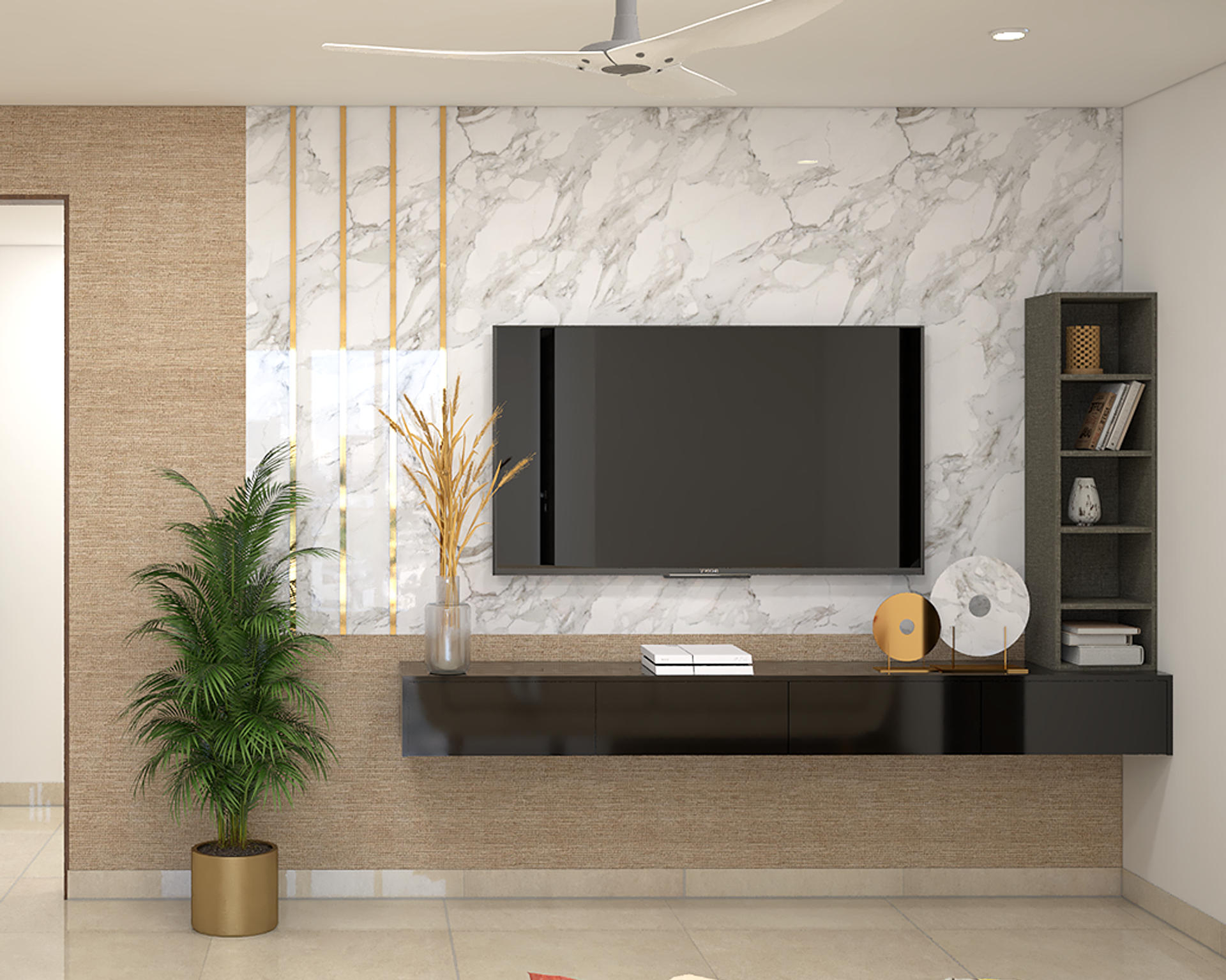 Modern TV Unit Design With White Marble Backdrop And Black Glossy ...