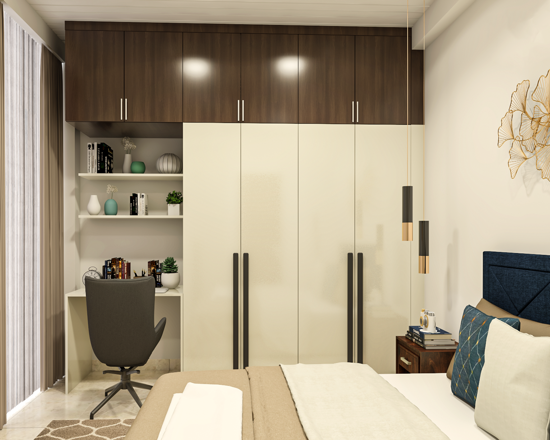 Dual Tone Spacious Wardrobe Design With Study Desk | Livspace