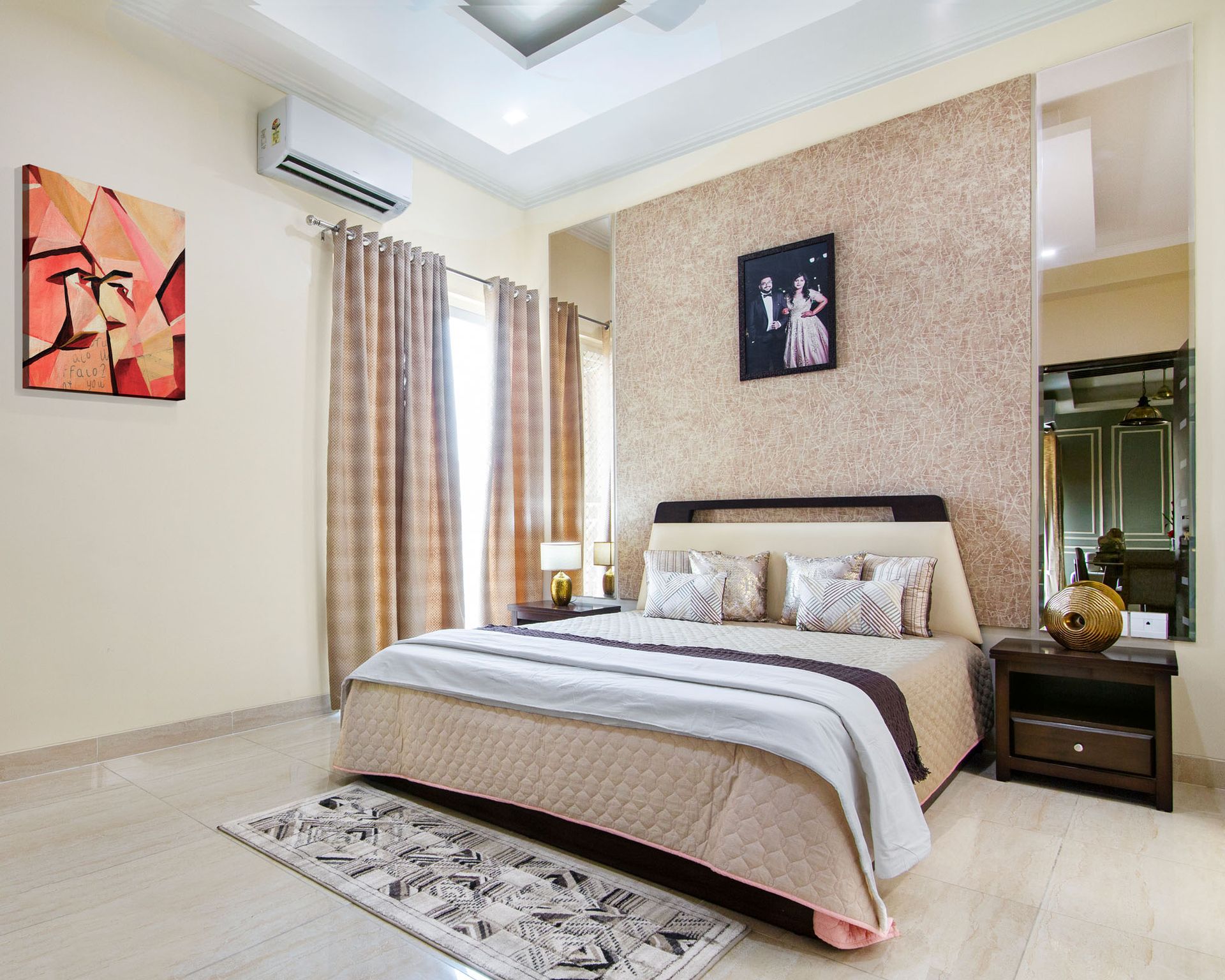 Guest Bedroom Design With Beige Patterned Wallpaper - 9x9 Ft | Livspace