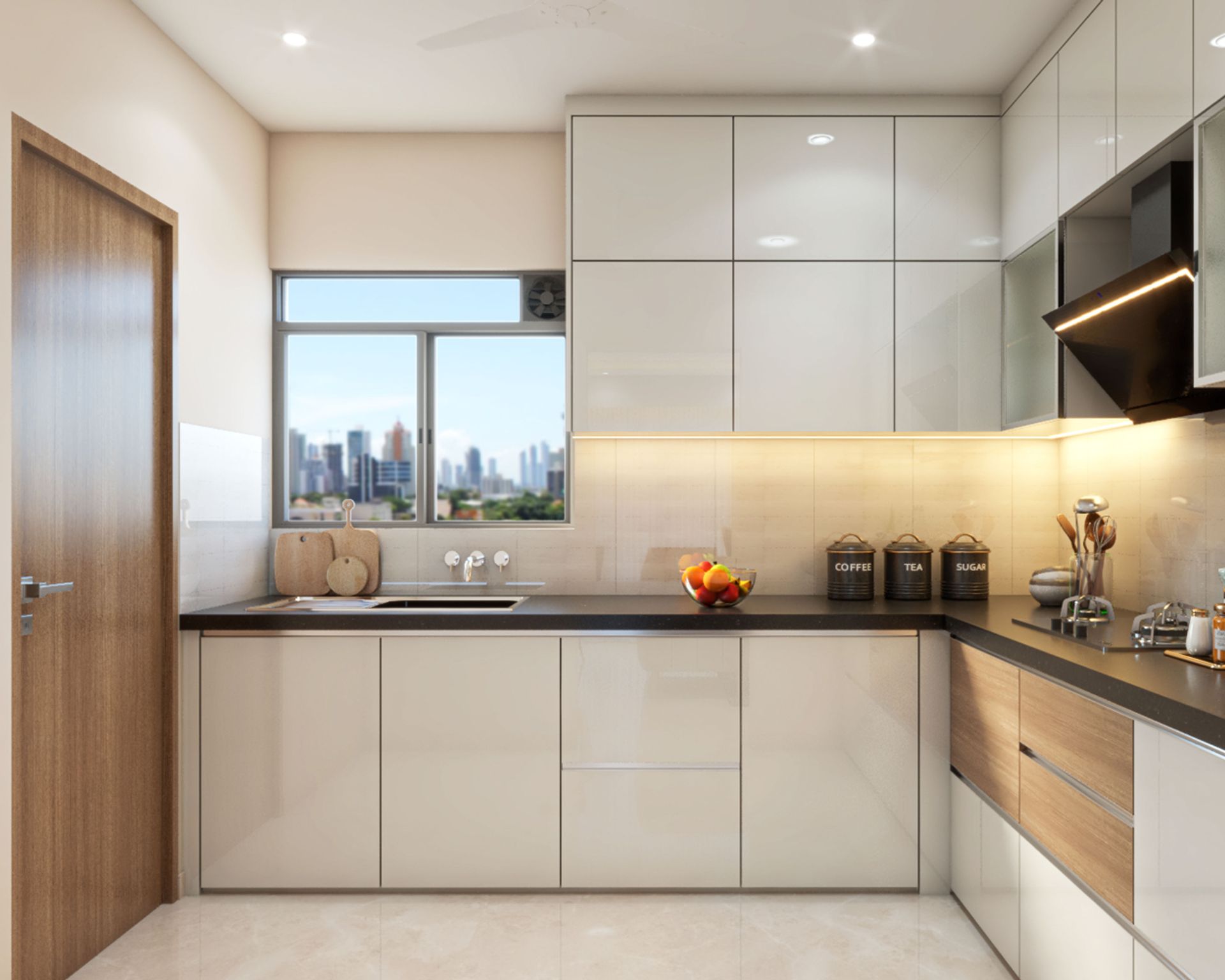 Champagne And Walnut-Toned L Shape Kitchen Design | Livspace