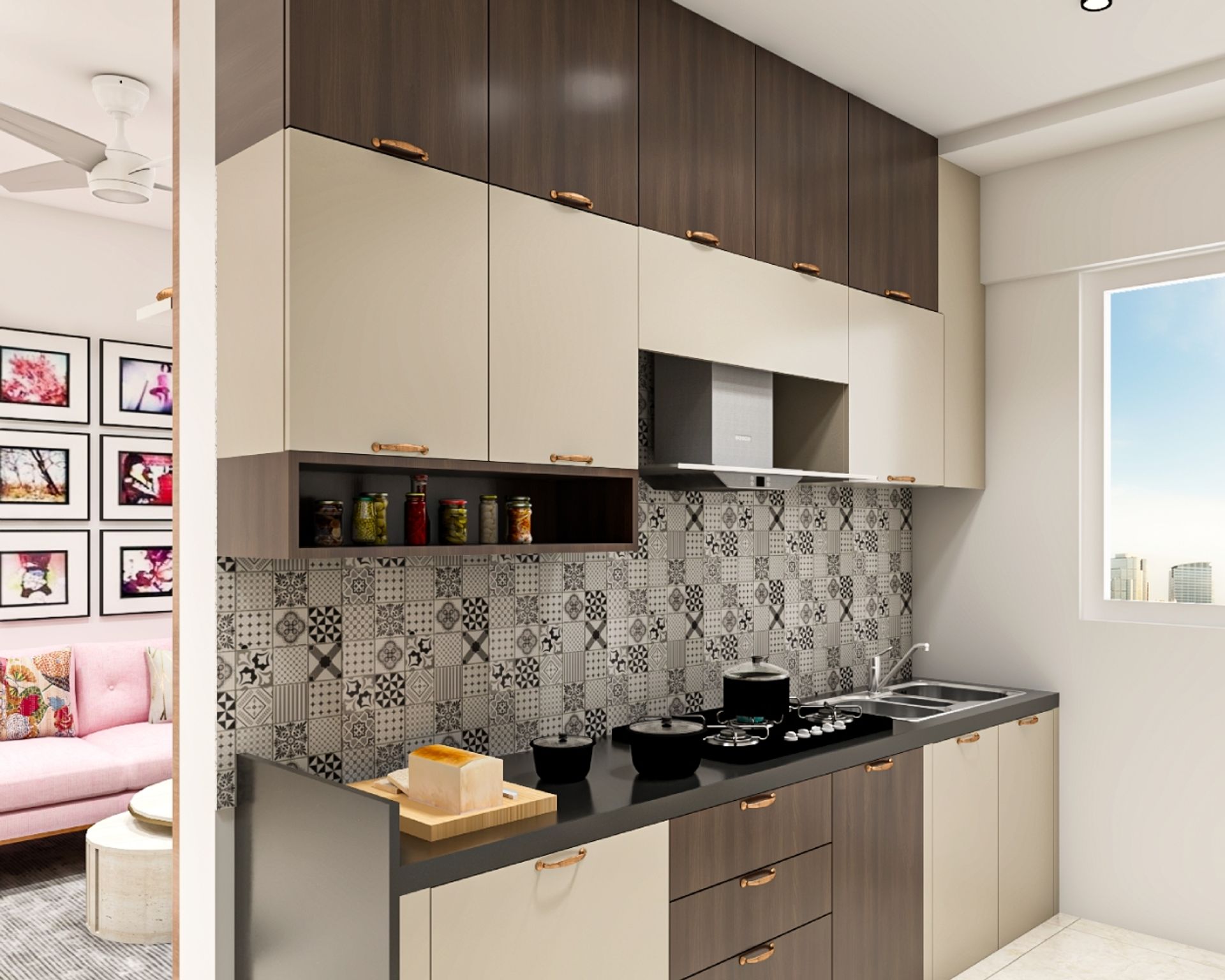 Modular Parallel Kitchen Design With Black And White Dado Tiles | Livspace