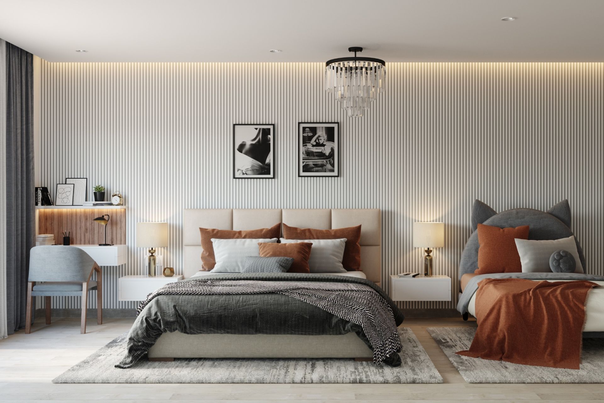 Contemporary Spacious Master Bedroom Design With Beige Panelled Wall ...