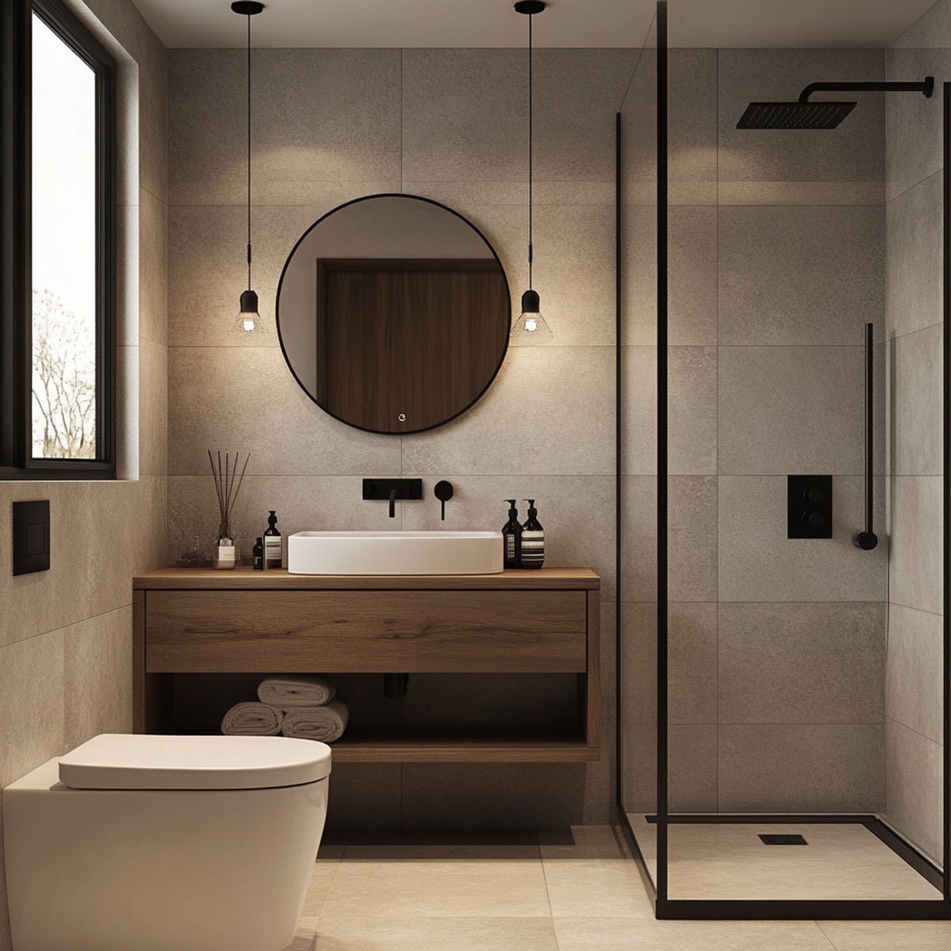 Compact Modern Bathroom Design with Grey Tiles and Warm Wood Counter ...