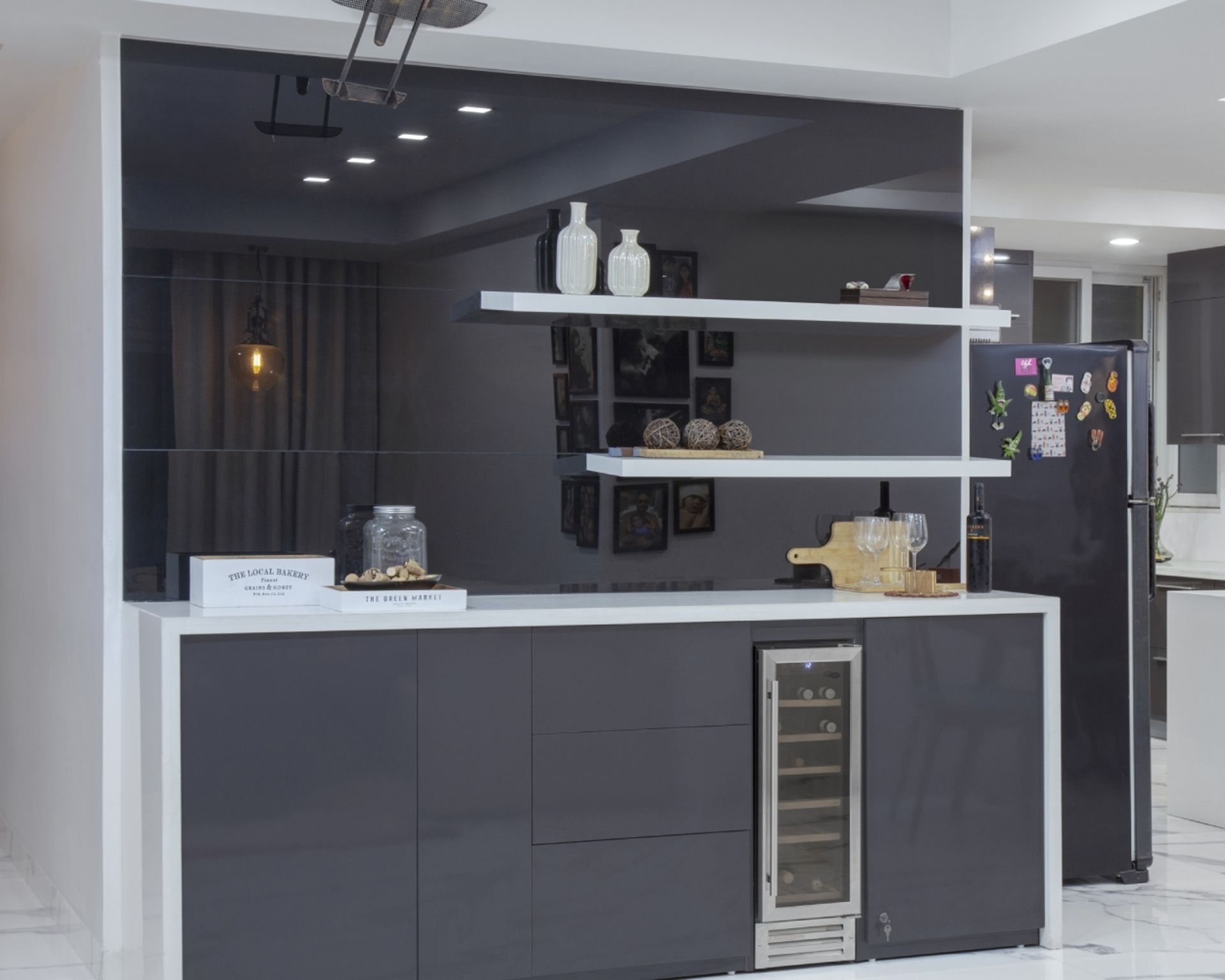 White and Grey Modern Home Bar Design with Drawers, Mini Fridge, and ...