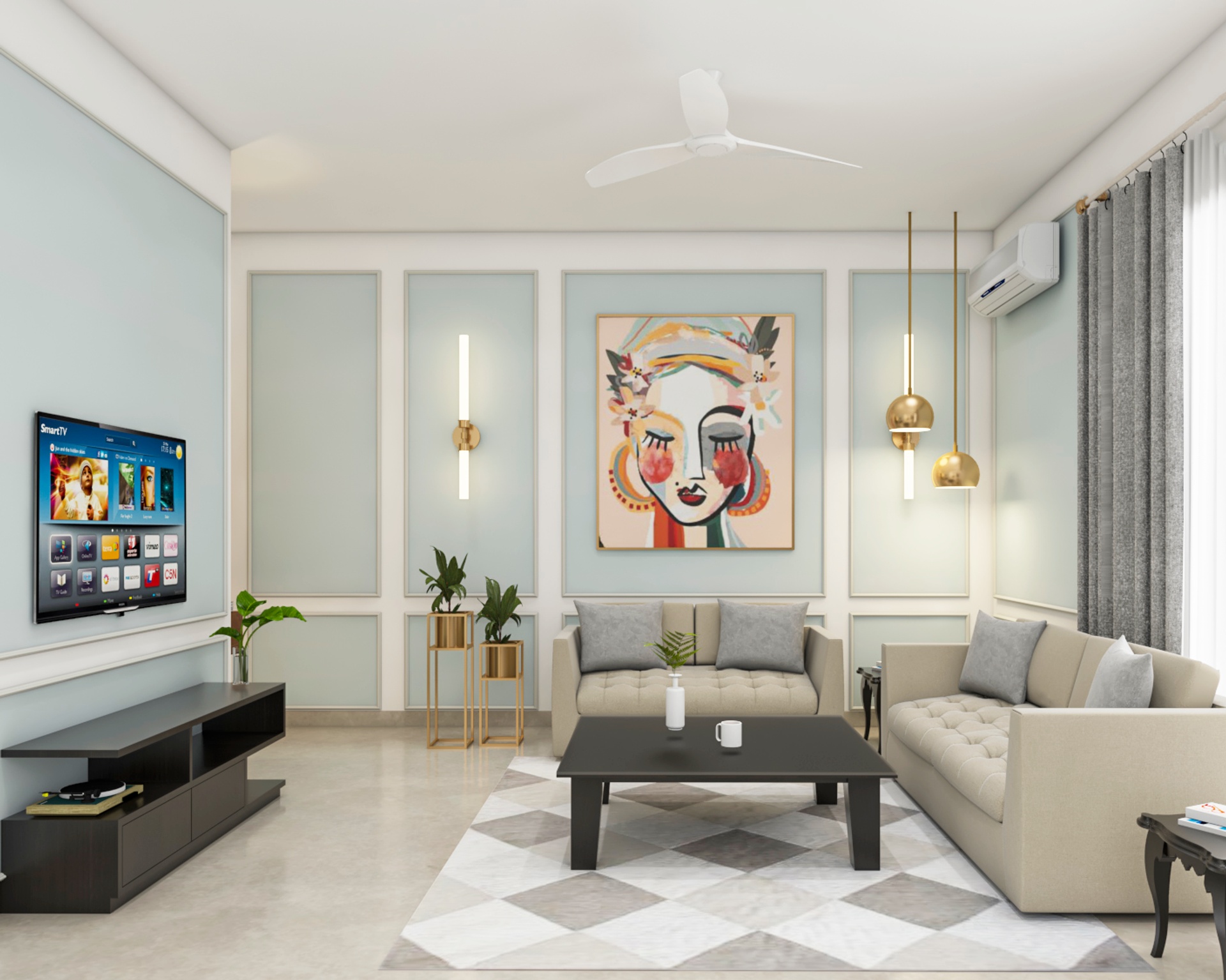 Modern Themed Spacious Subtle Coloured Living Room Design | Livspace
