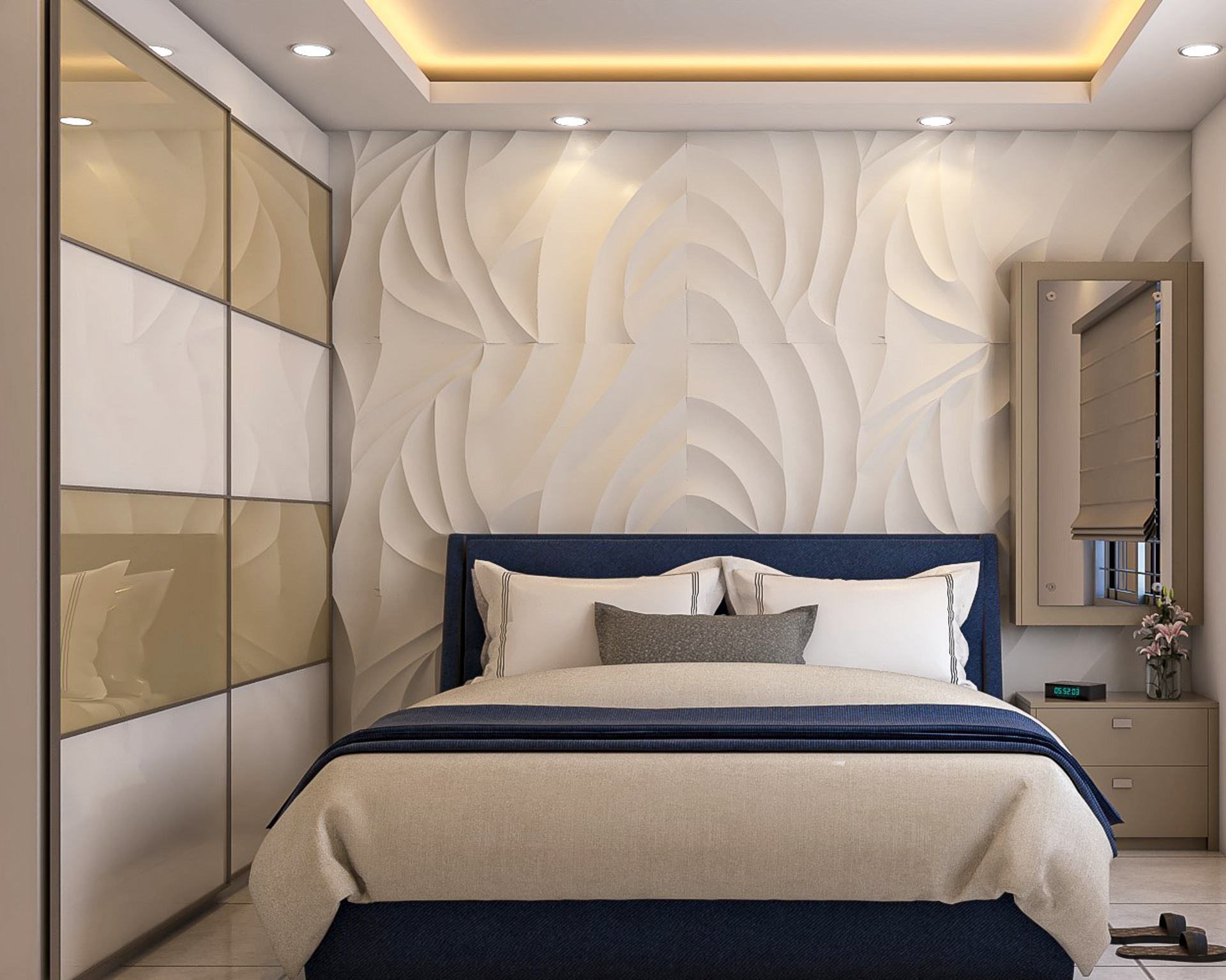 Contemporary Compact Master Bedroom Design with Textured Wall | Livspace
