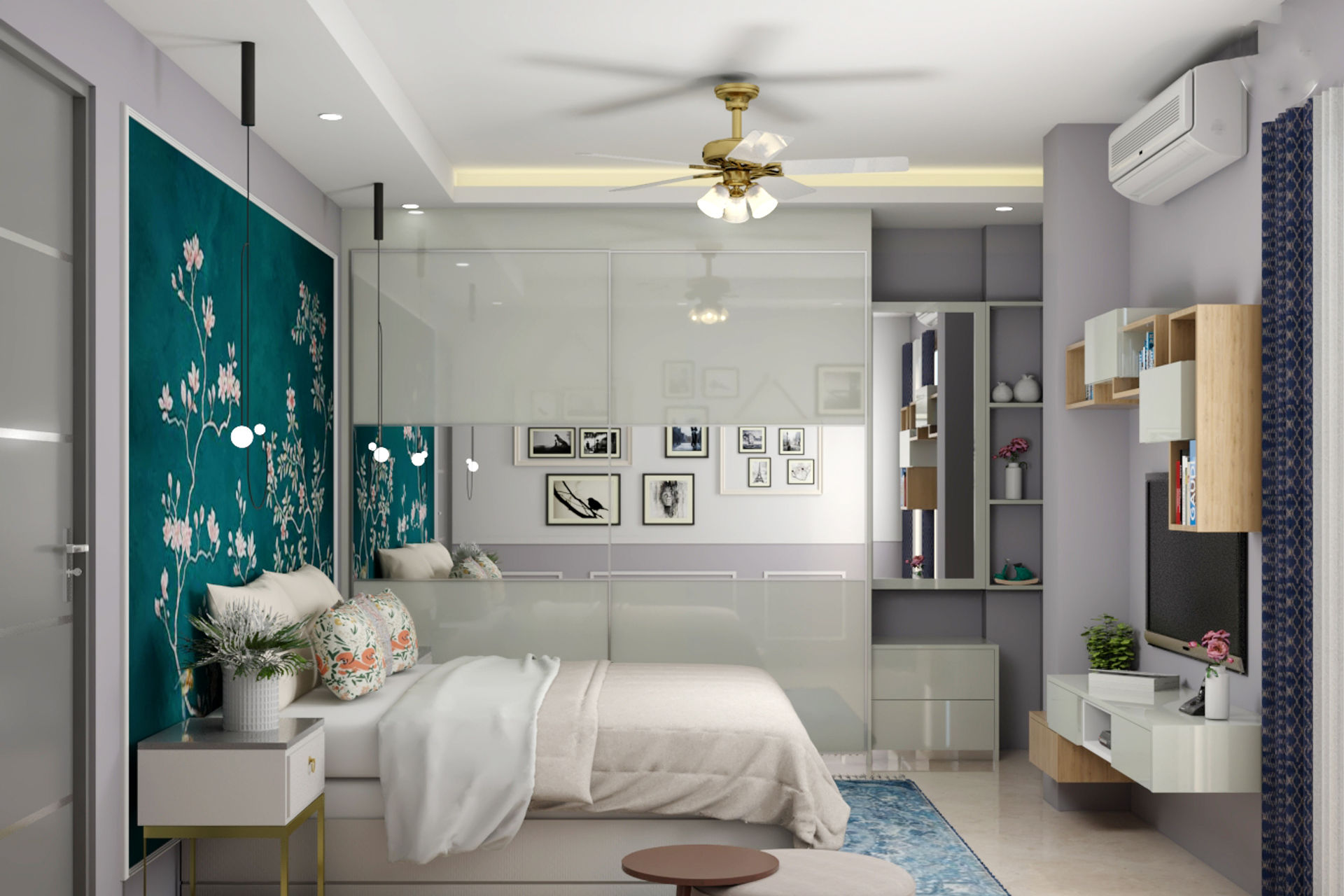 Spacious Blue And White Master Bedroom Design With Floral Wall Design ...