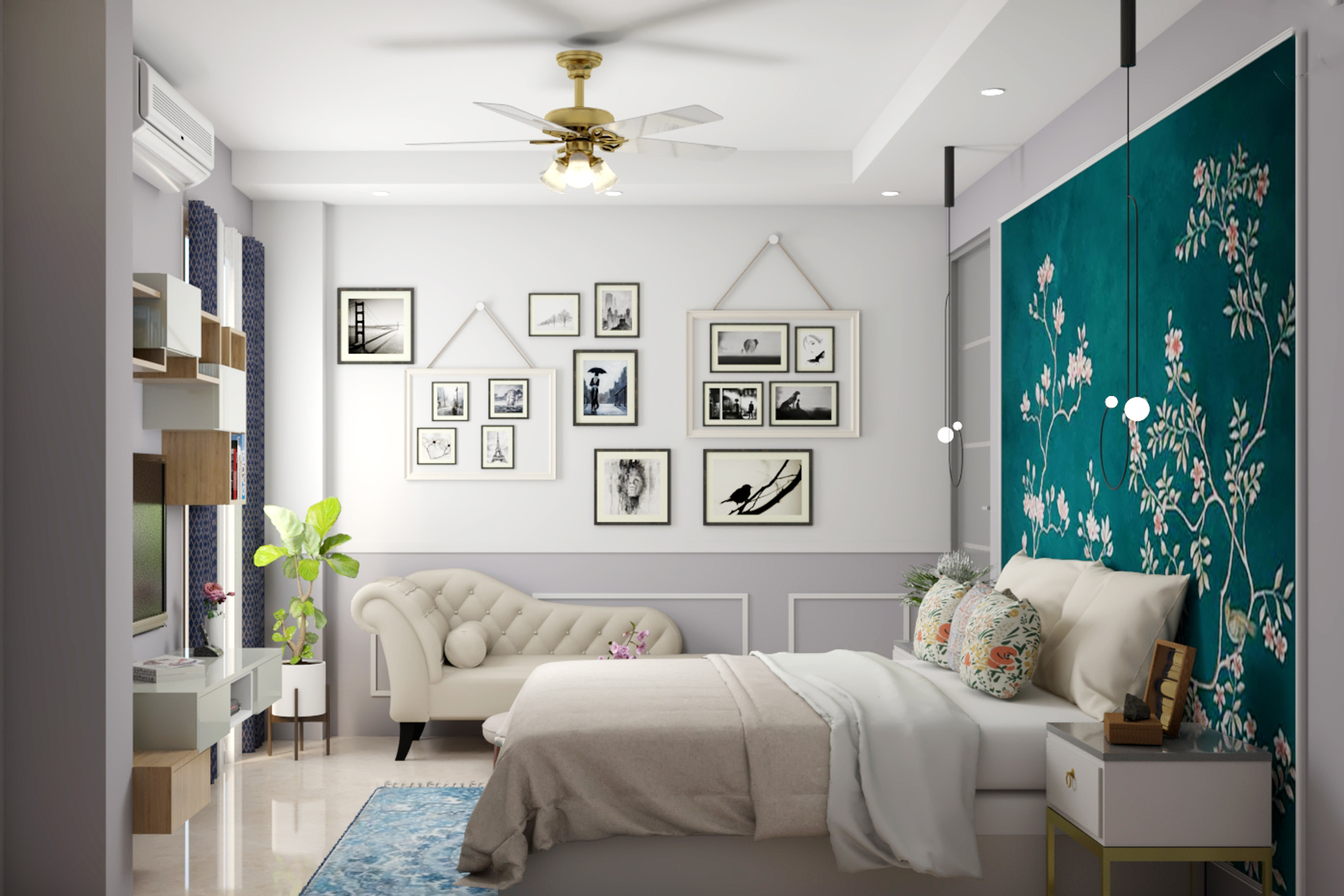 Spacious Blue And White Master Bedroom Design With Floral Wall Design ...