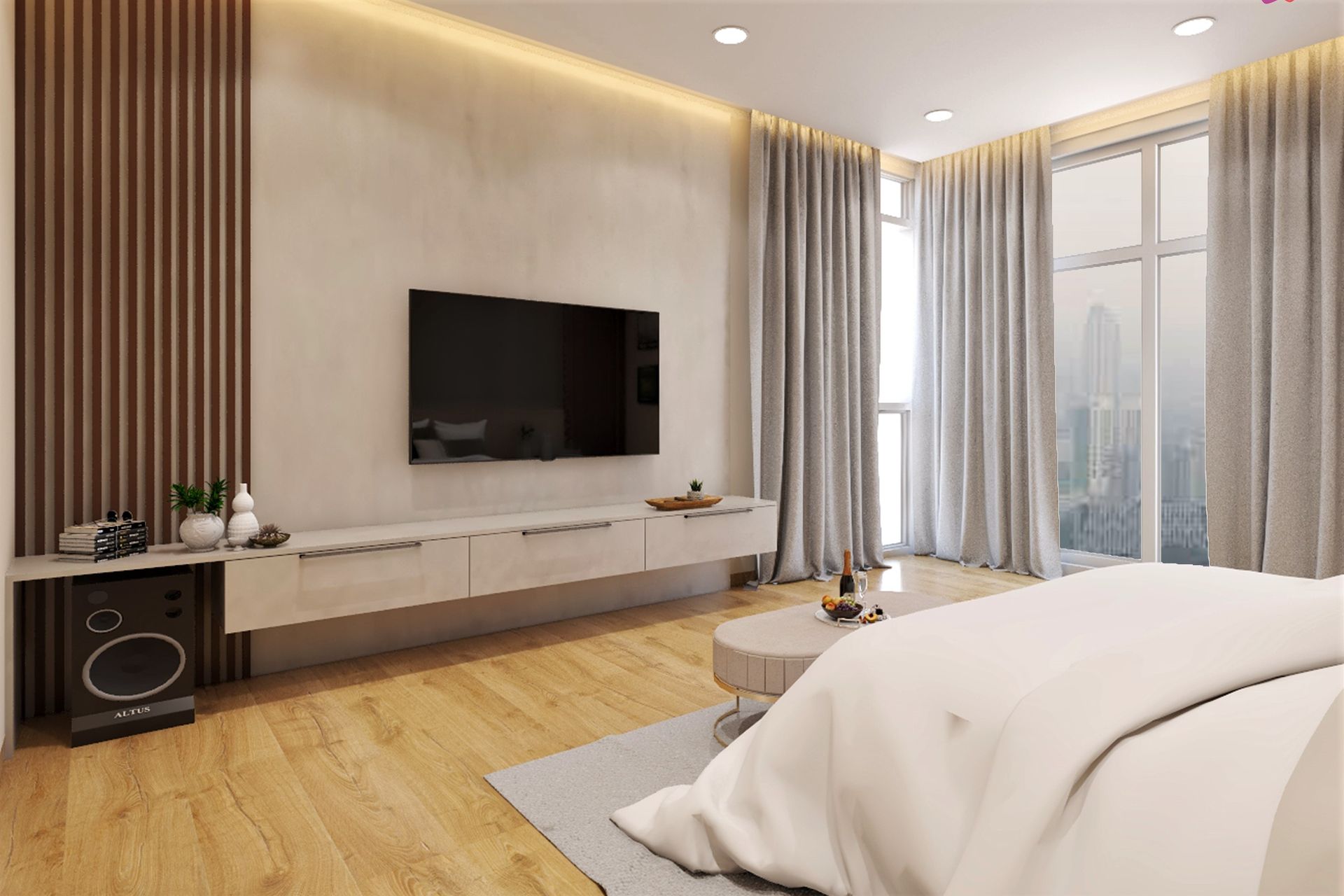 Spacious Master Bedroom Design With Wooden Panelling | Livspace