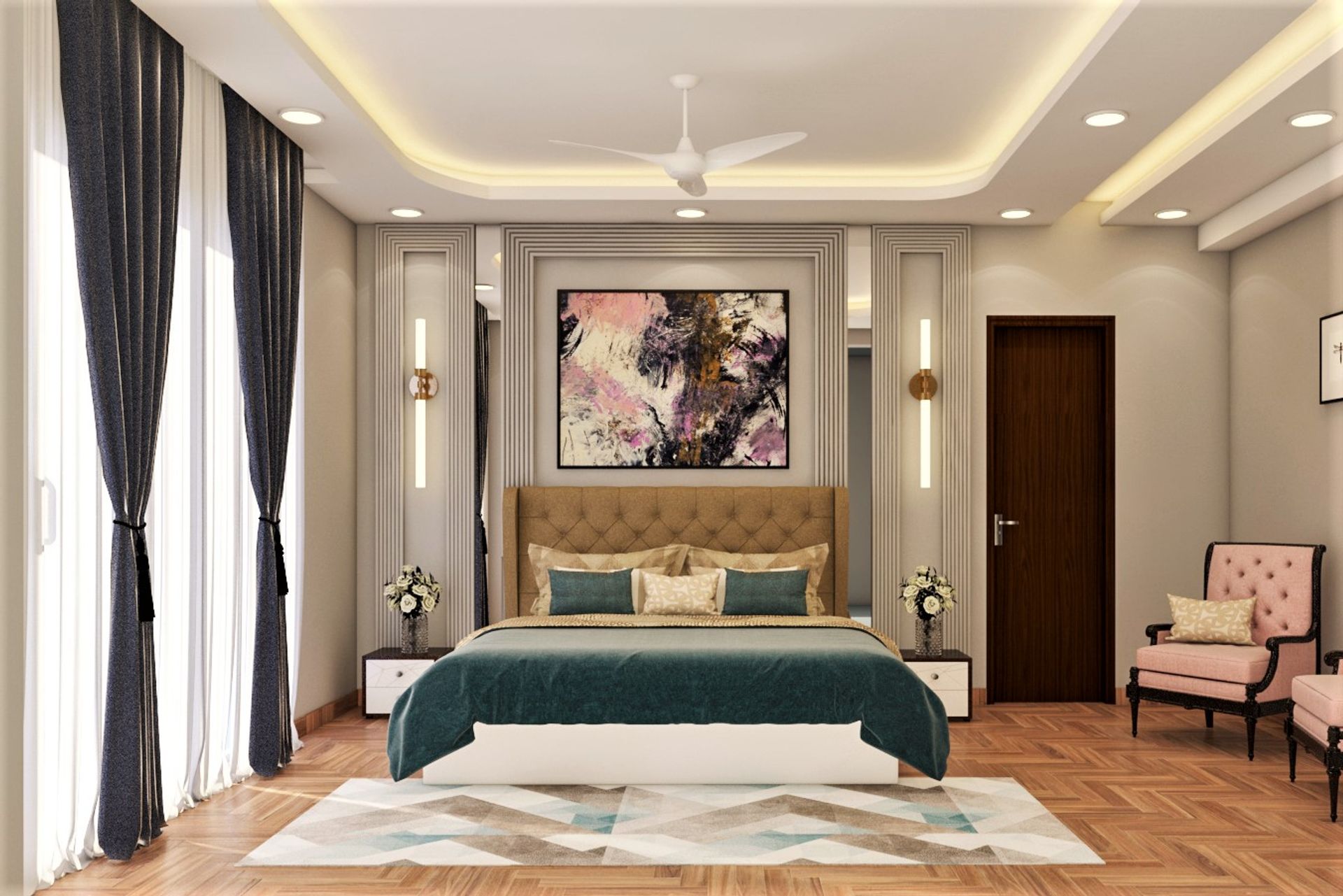 Spacious Beige And White Bedroom Design With False Ceiling | Livspace
