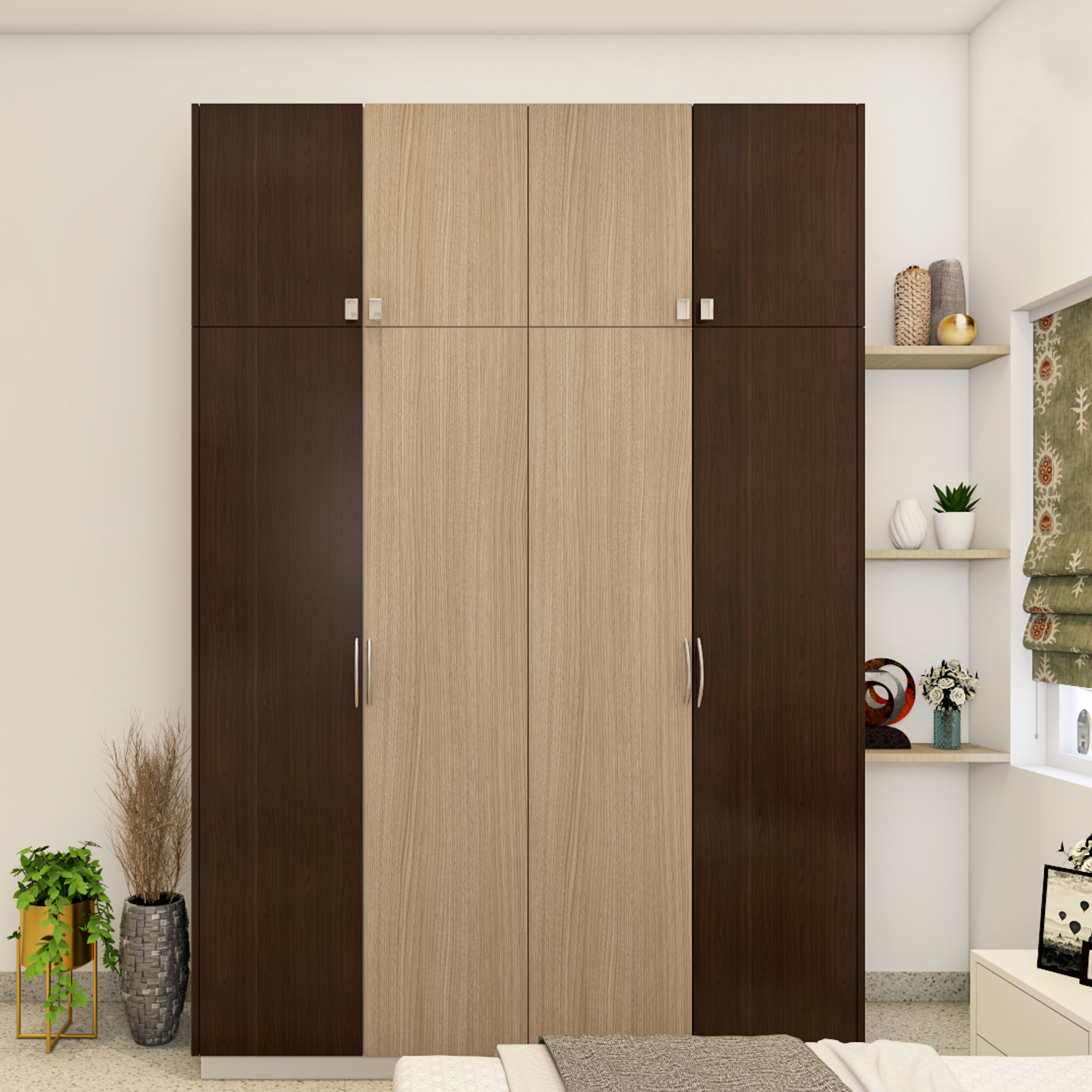 Dual Tone Hinged Modern Wardrobe Design Idea with Loft | Livspace