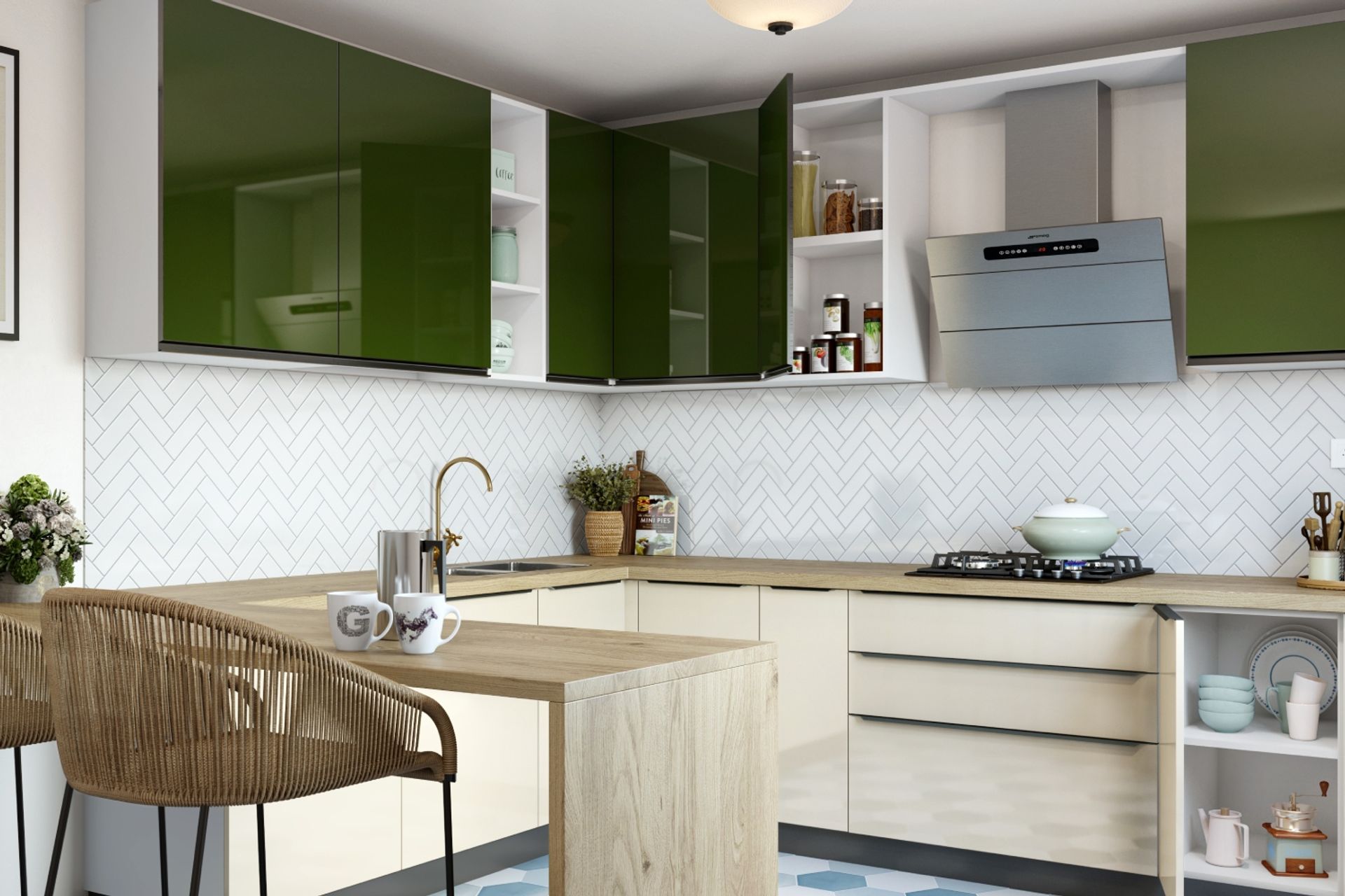 White Herringbone Kitchen Tile Design For Kitchen With Tropical ...
