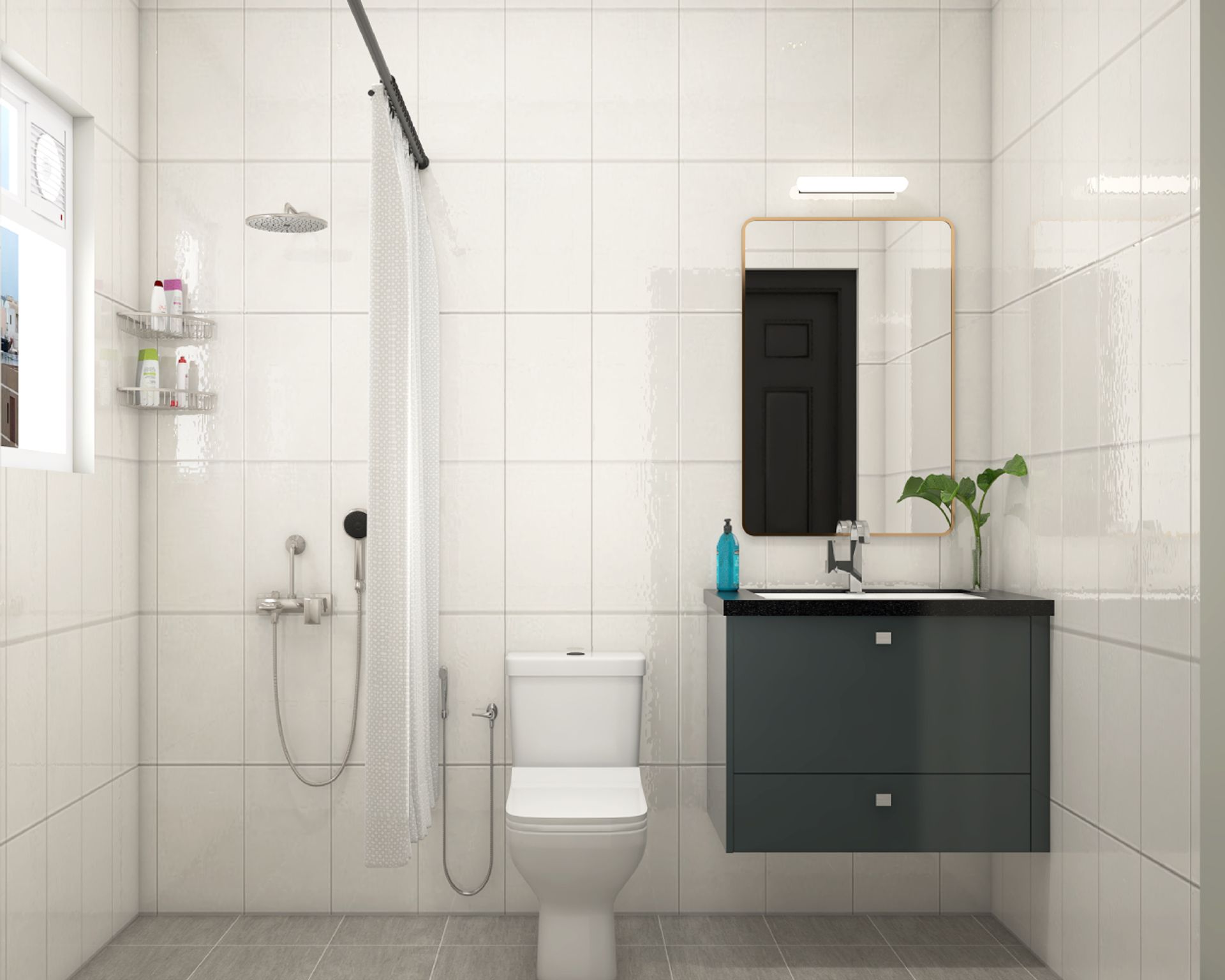 White And Grey Small Bathroom Ideas With Wall-Mounted Vanity Unit ...