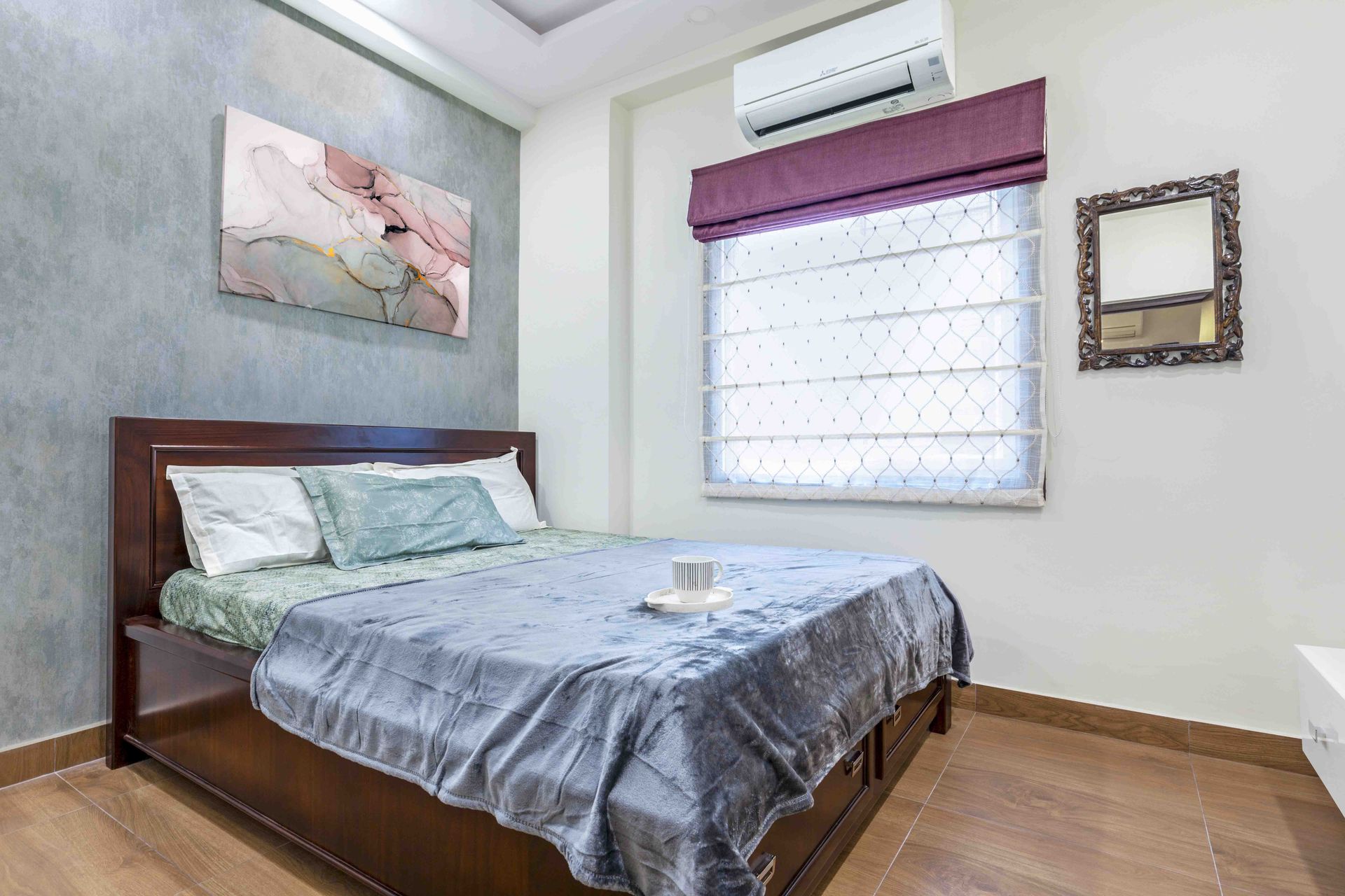 Grey Compact Guest Bedroom Design With Wooden Bed And White Swing ...