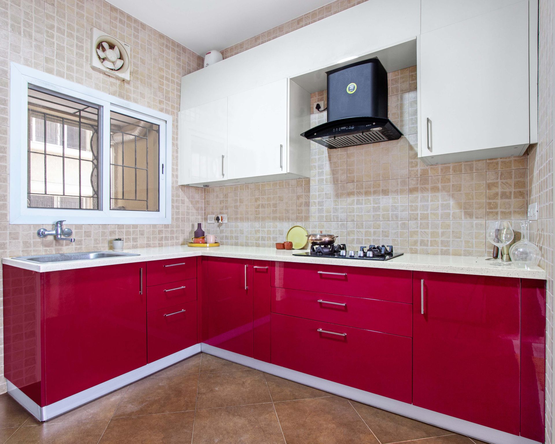 Carnival Red And Frosty White L Shape Kitchen Cabinet Design With Small ...