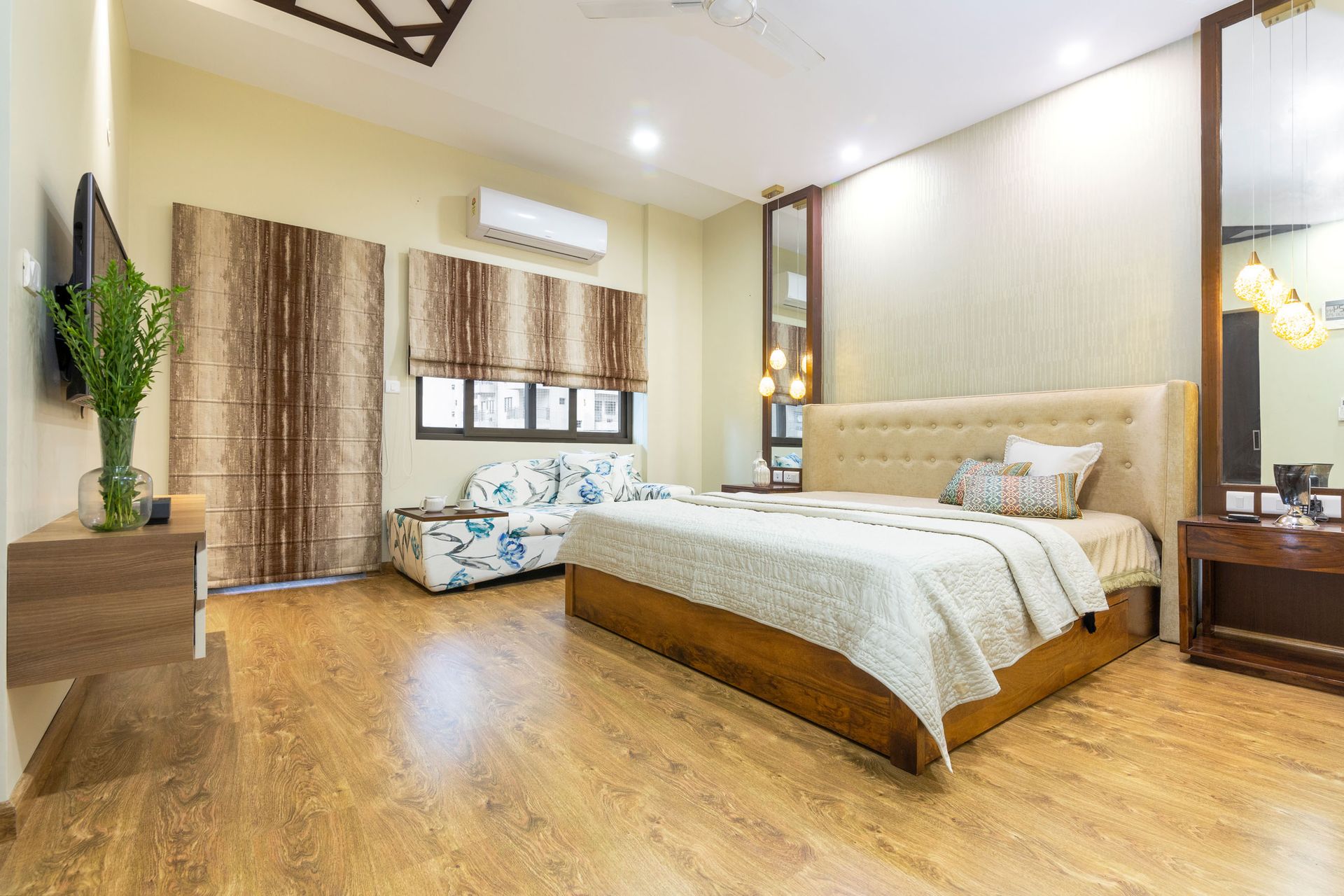 Contemporary Master Bedroom Design with Beige Tufted Headboard | Livspace