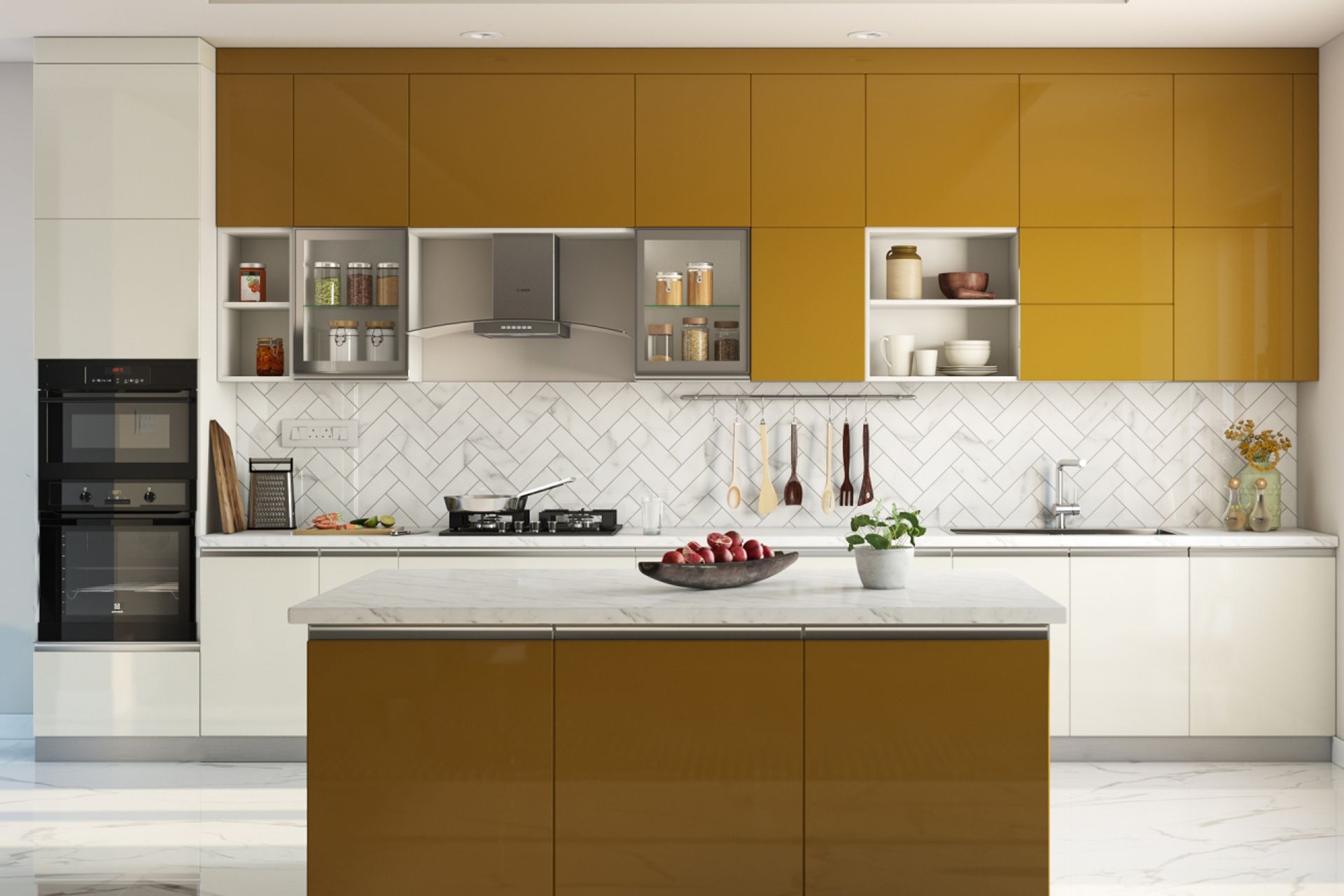 Modern Herringbone Kitchen Wall Tile Design In White | Livspace