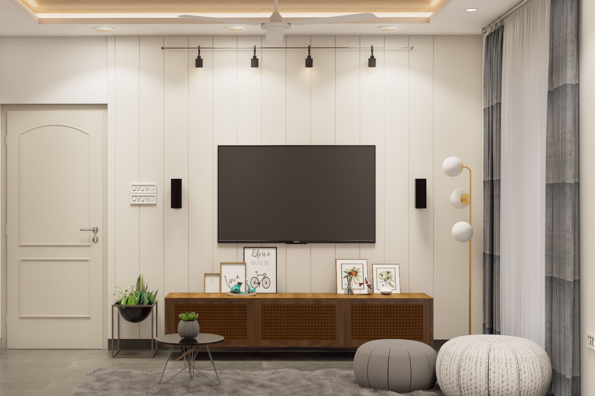 Wooden TV Unit Design With Rattan Shutters And White Wall Panels | Livspace