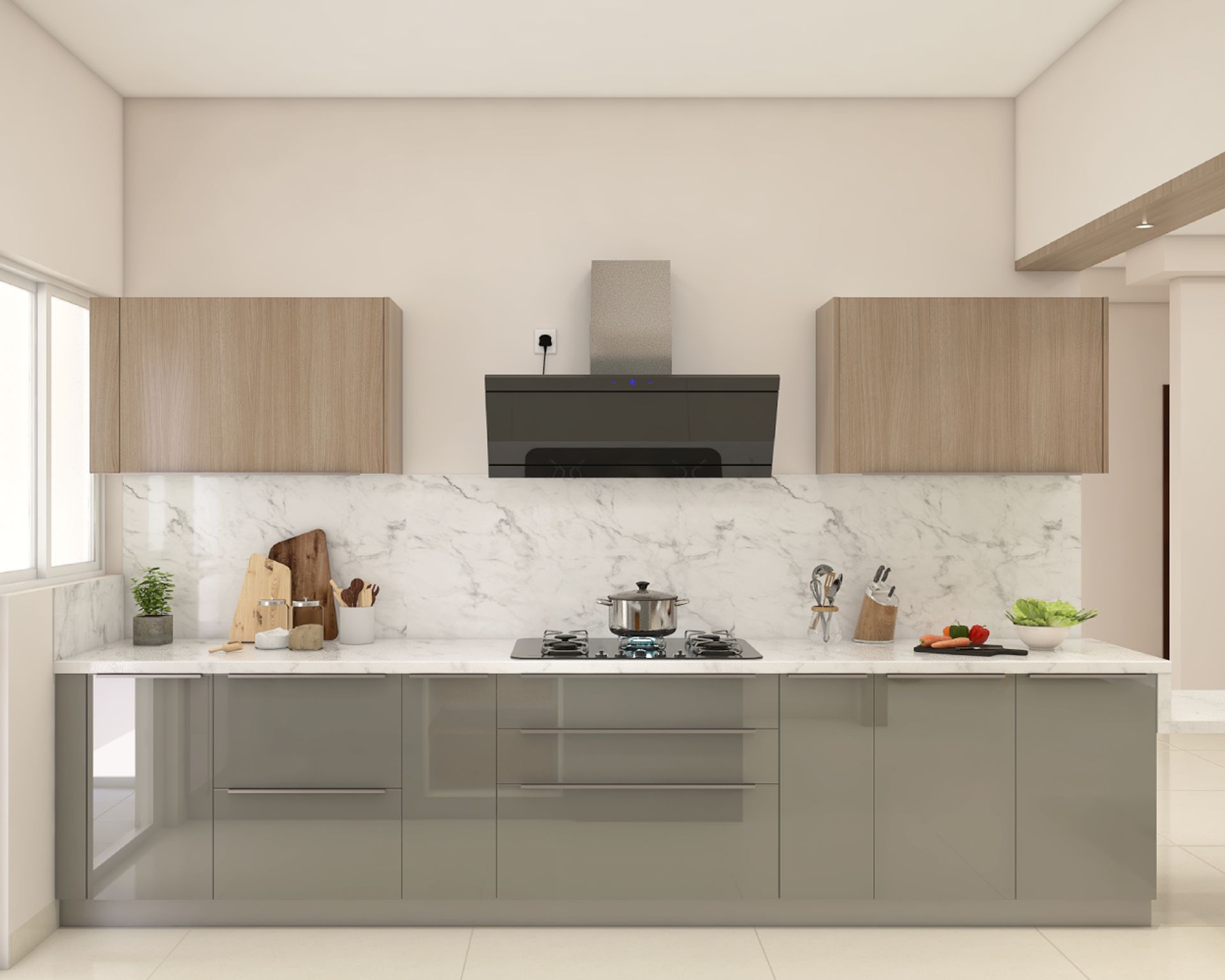 Spacious Modular Grey And Wood Parallel Kitchen Design | Livspace