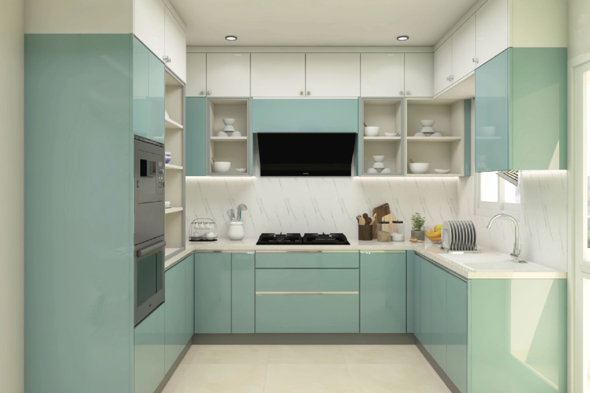 Light Blue And White U-Shaped Kitchen Design With White Backsplash ...