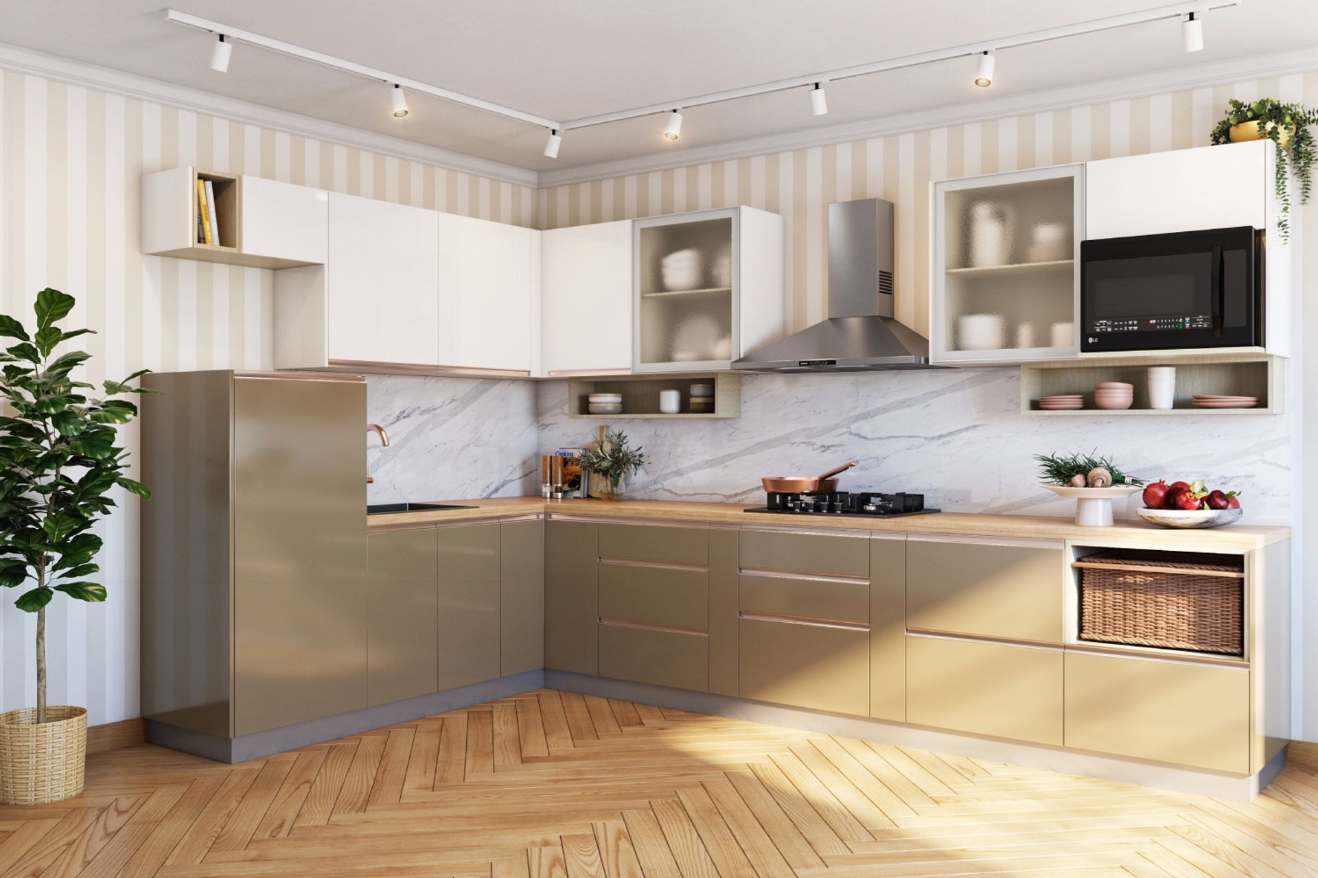 Cappuccino And Frosty White L-Shaped Kitchen Design With Wooden ...