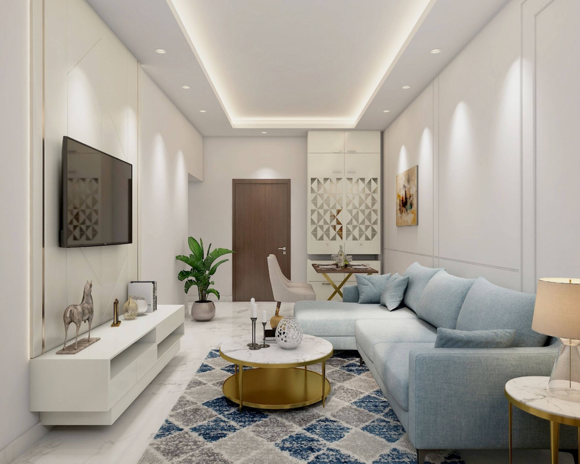 Spacious Living Room Design With Blue Sectional Sofa And Wall-Mounted ...