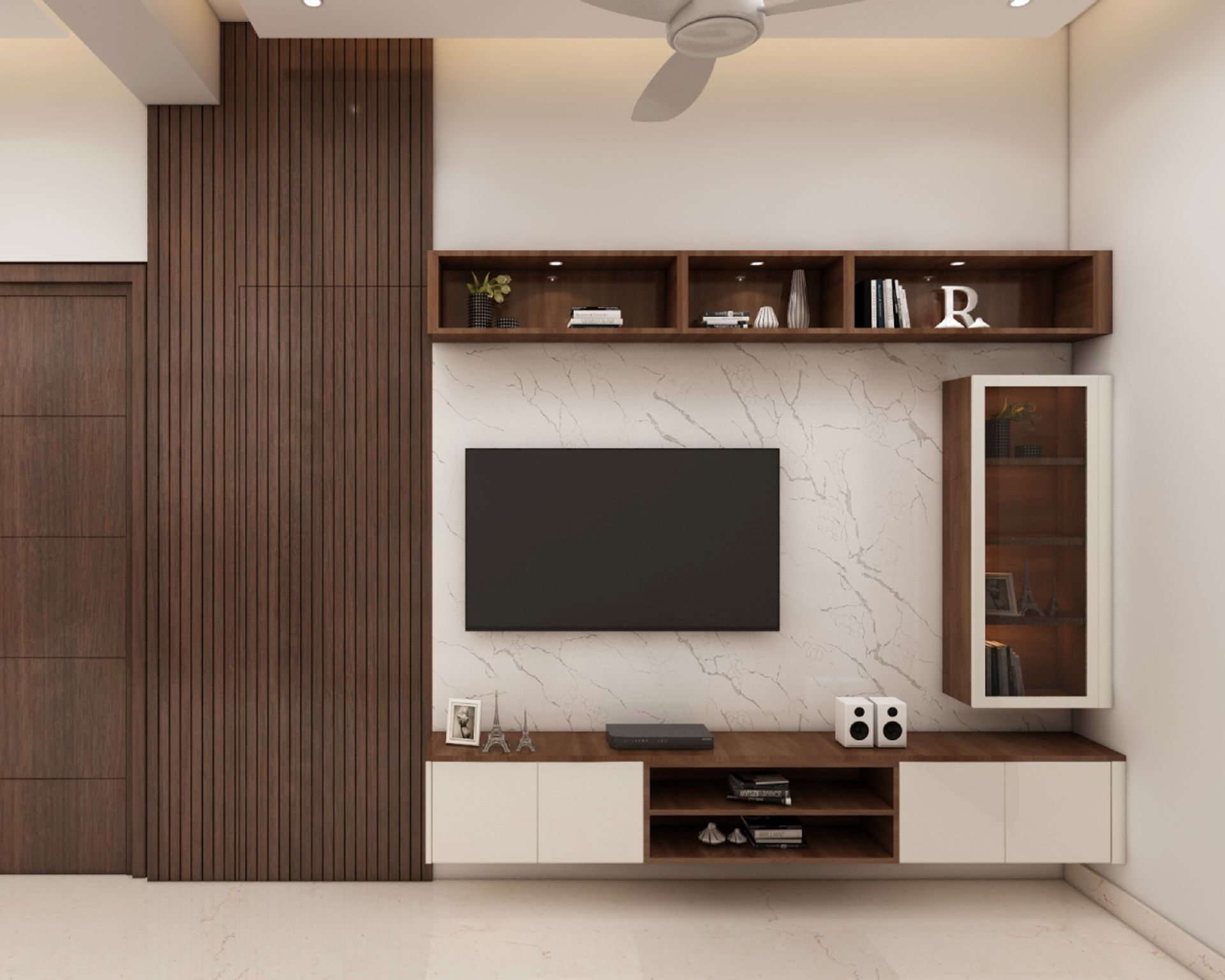Brown And White Grooved TV Unit Design With Marble Backpanels And ...