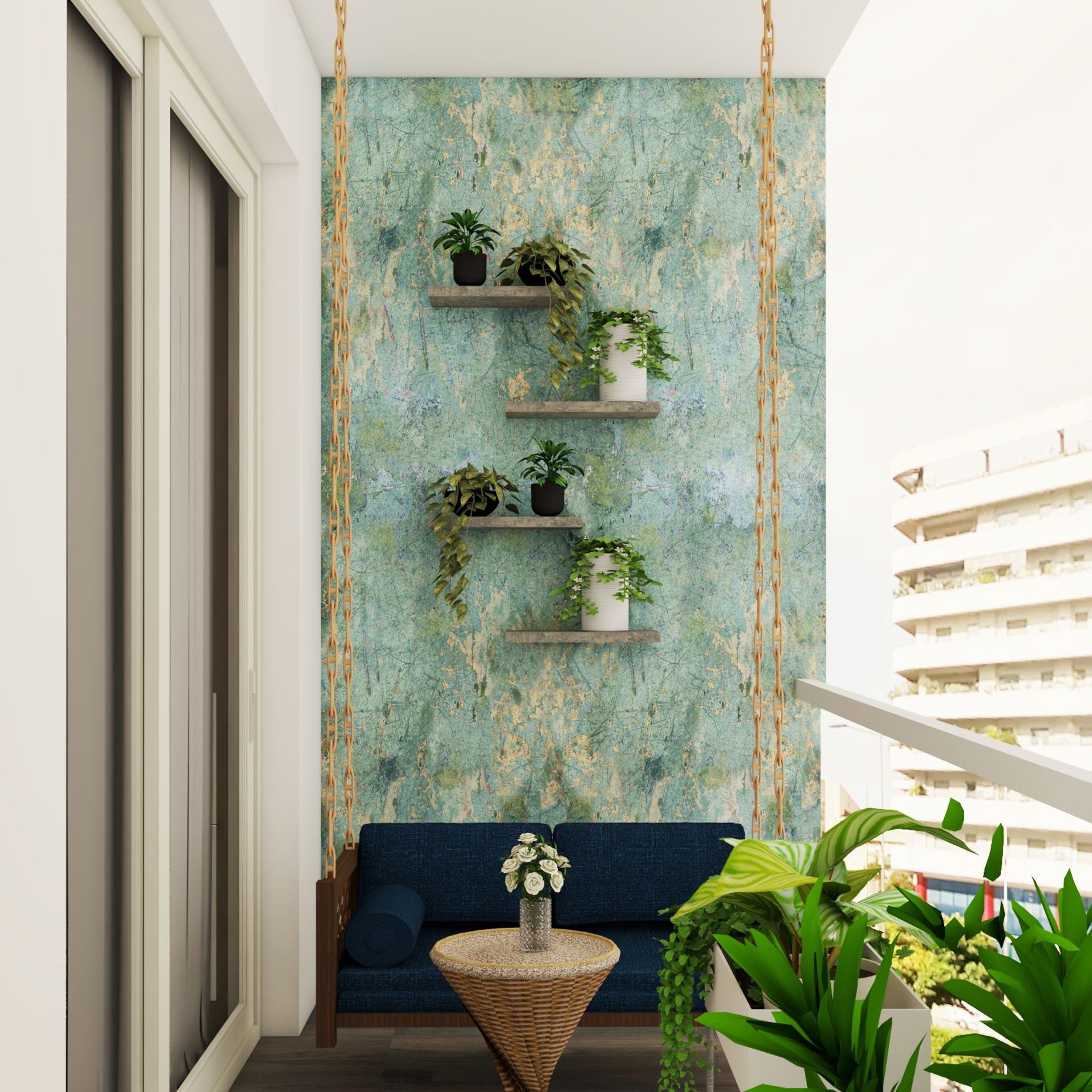 Spacious Balcony Design With Textured Wall Paint And Wooden Flooring ...