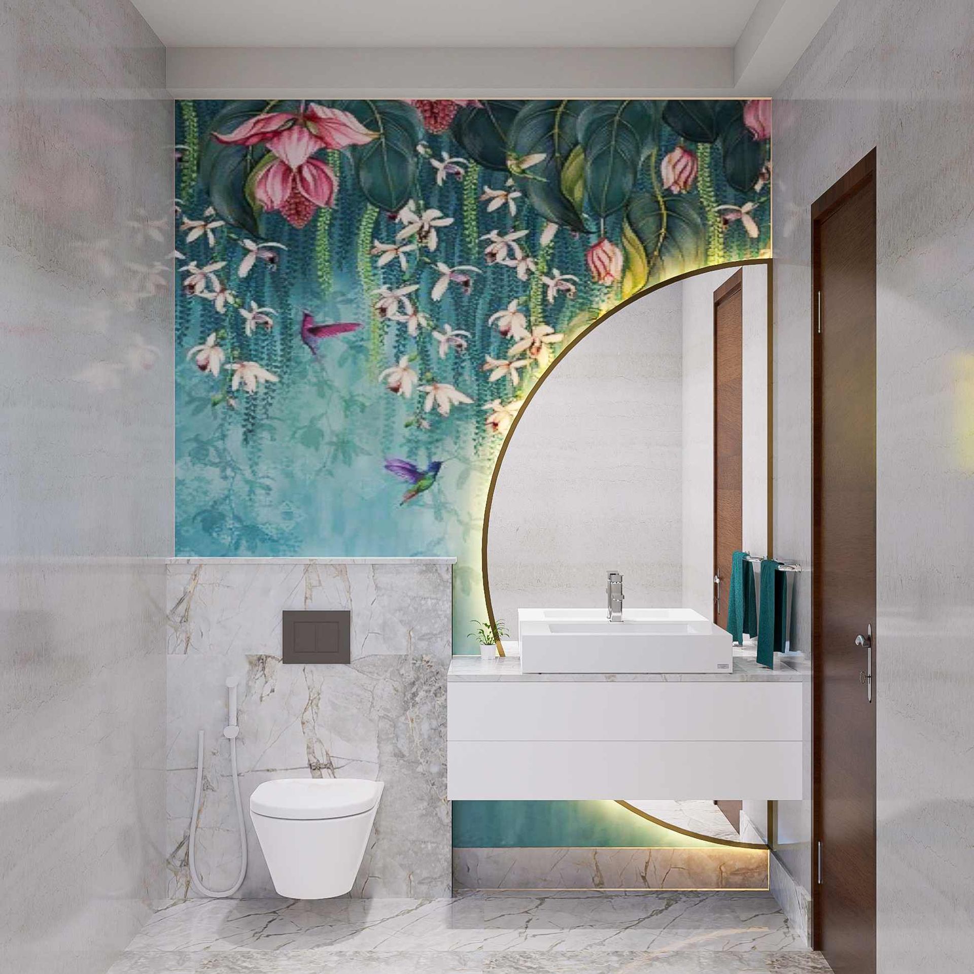 Modern Bathroom Design with Nature Themed Wallpaper | Livspace