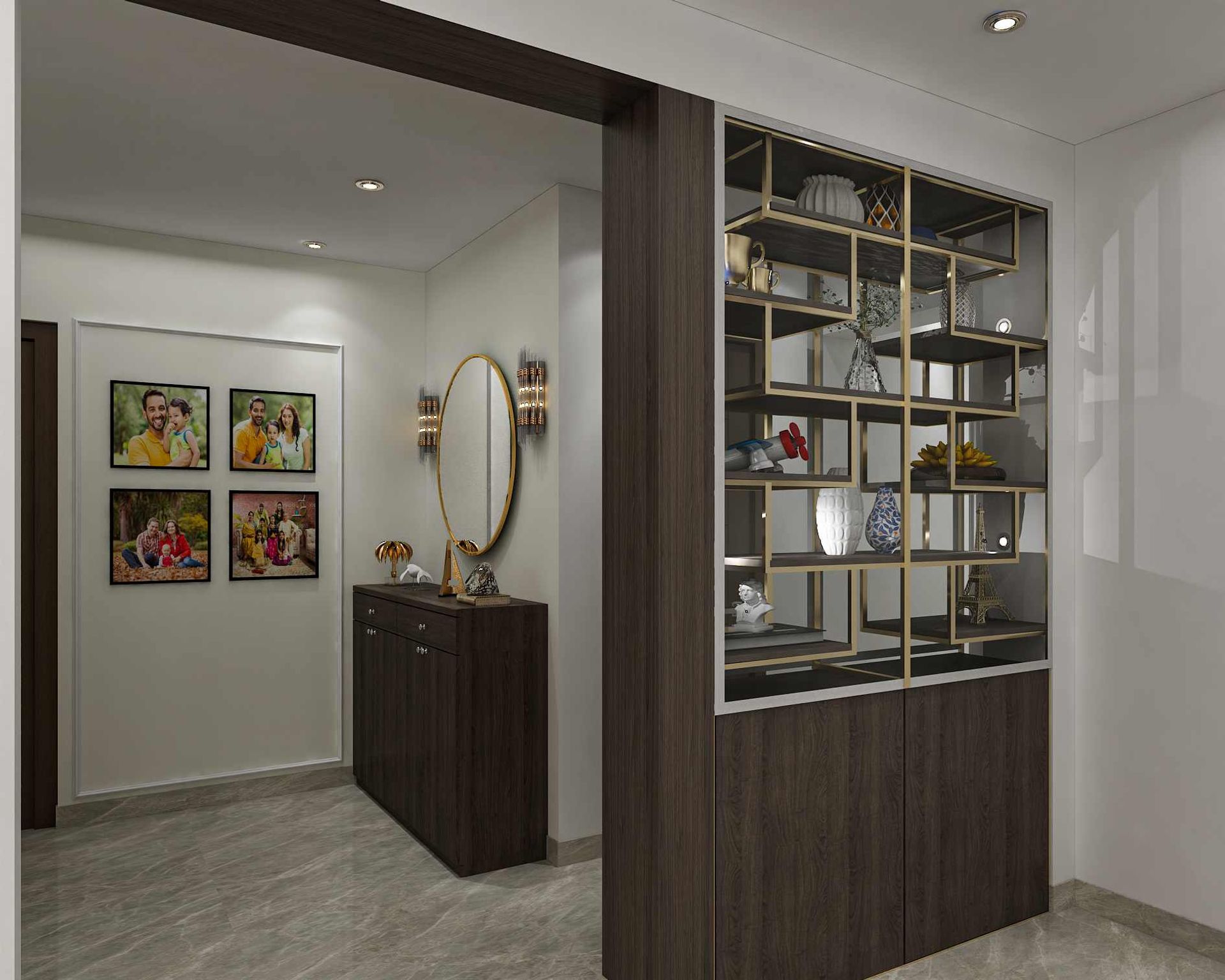Wooden Foyer Design With A Spacious Storage Unit | Livspace