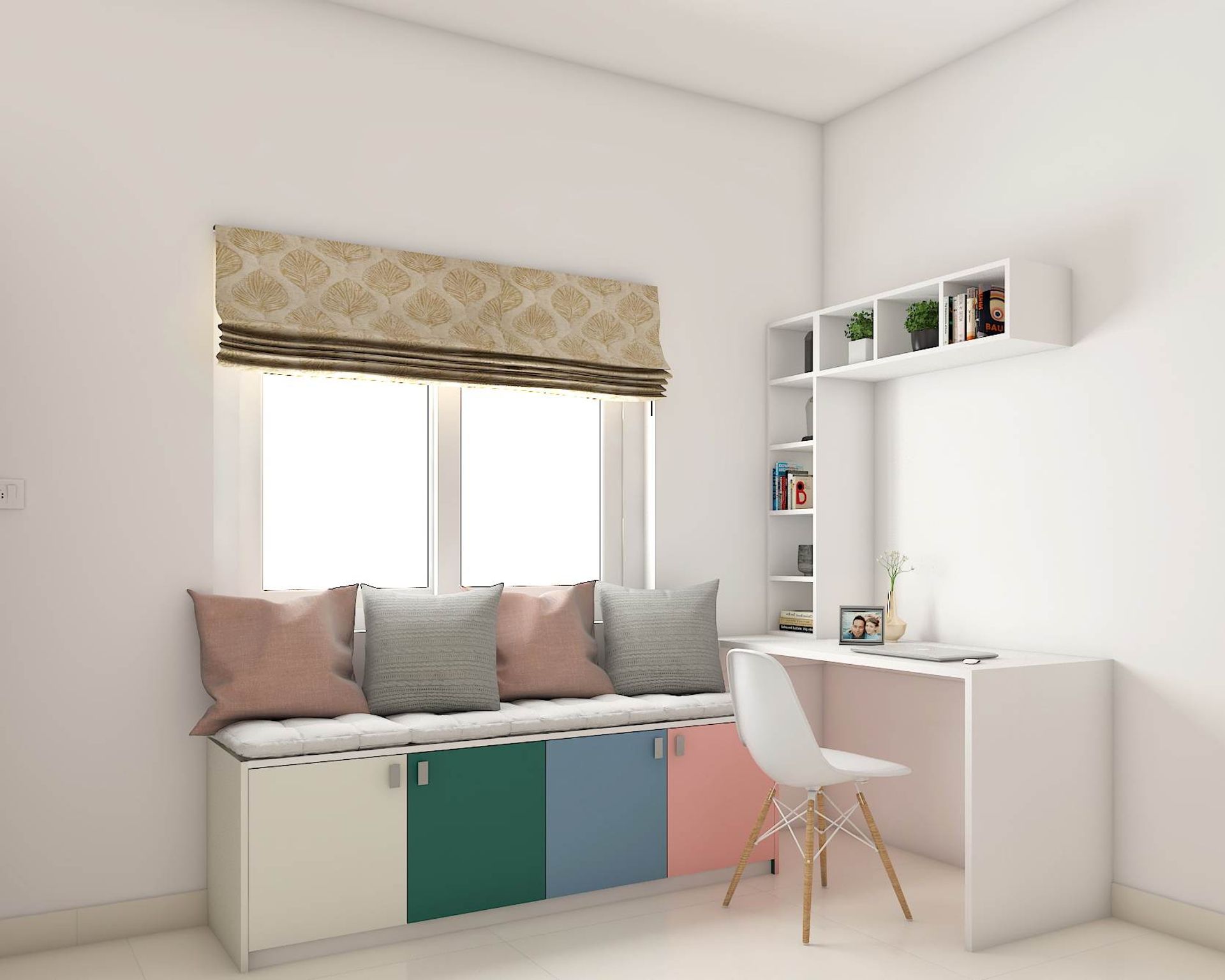 Compact Study Room Design With Colourful Seater Storage | Livspace