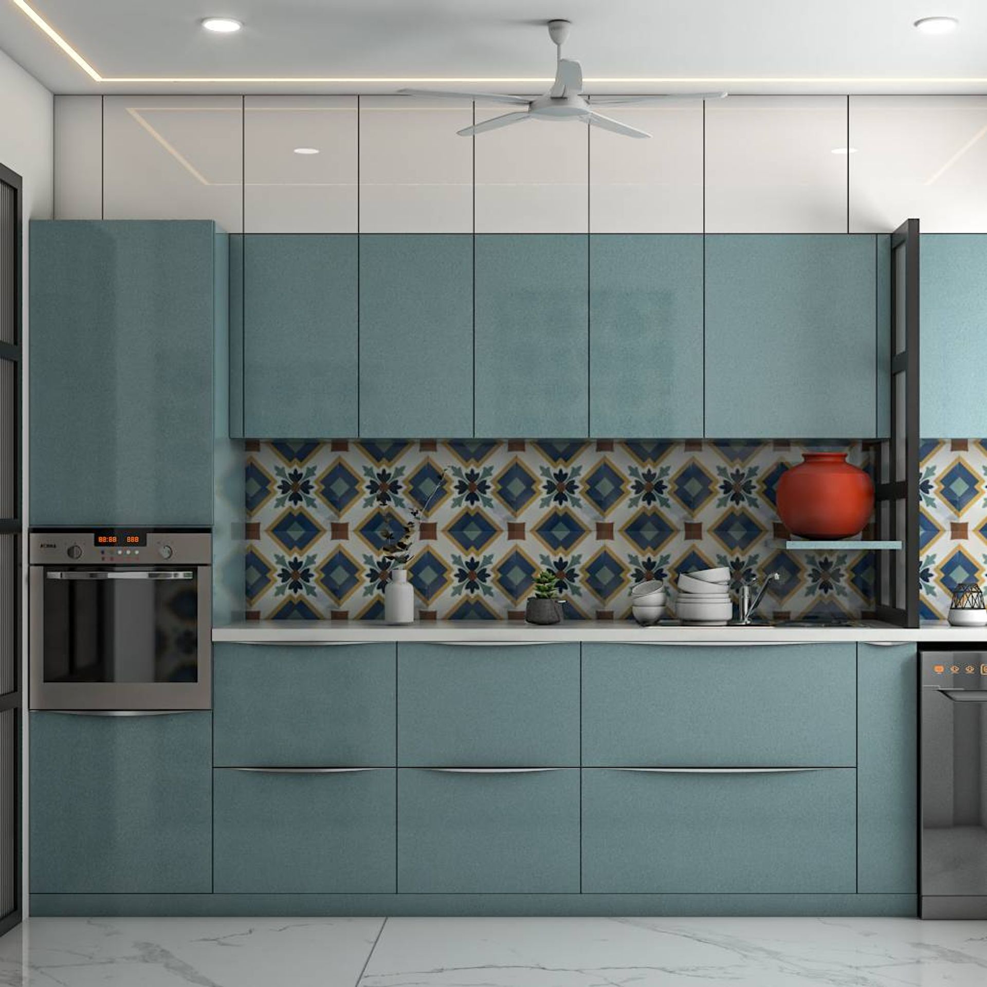 Spacious Parallel Indian Kitchen Design With Blue Cabinets | Livspace