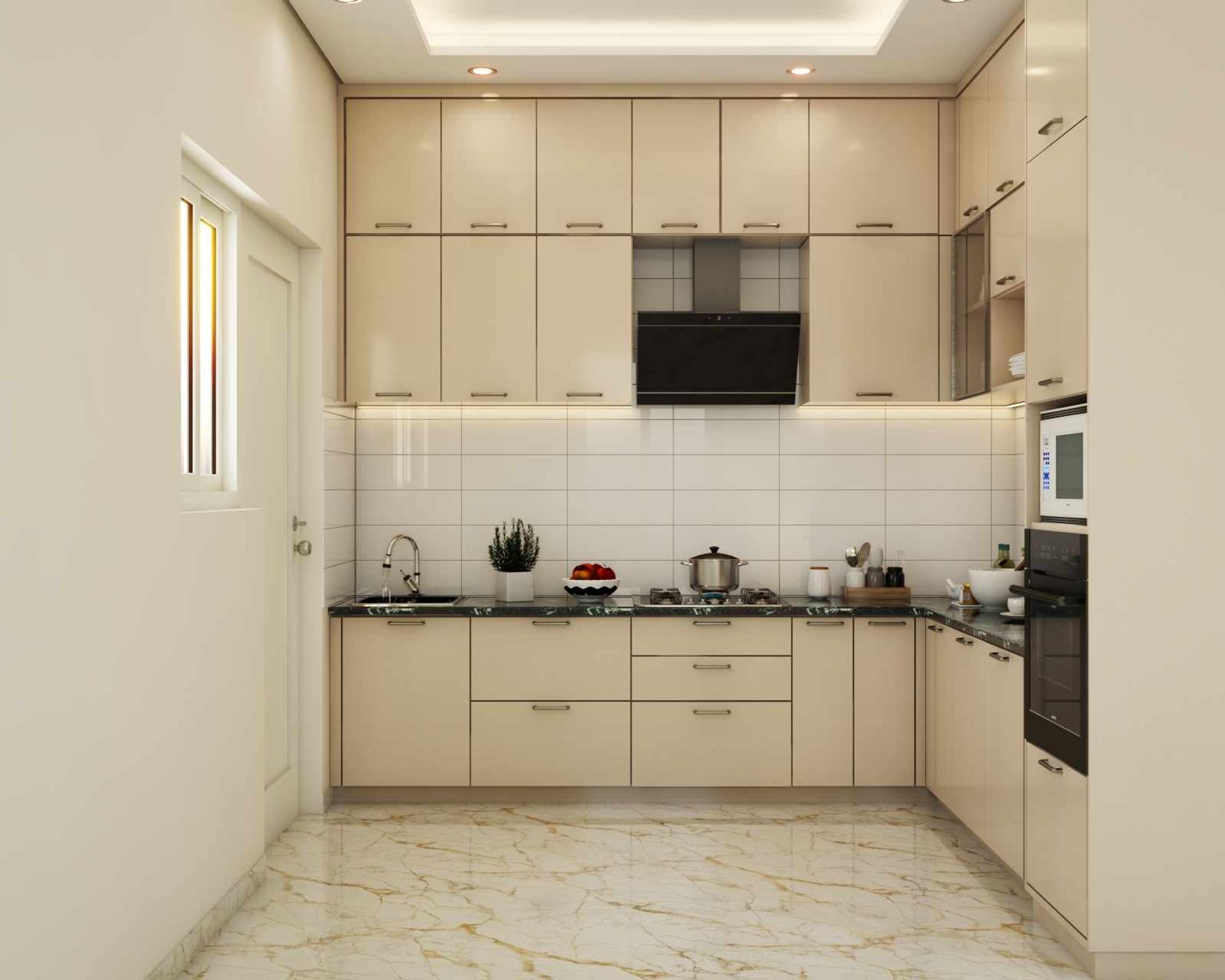 Spacious White Kitchen Design With A Granite Countertop | Livspace