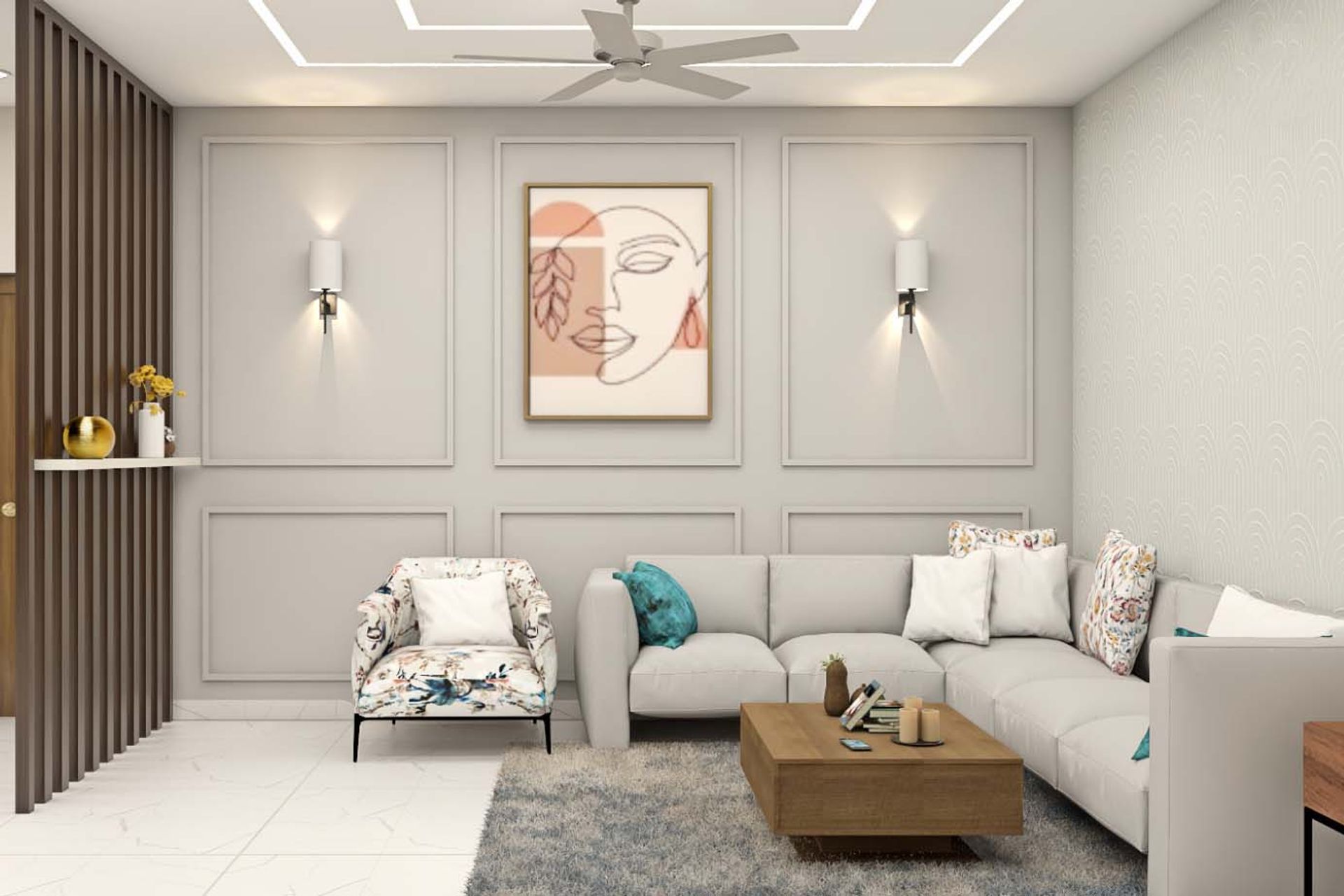 Spacious Living Room Design With Wooden Partition | Livspace