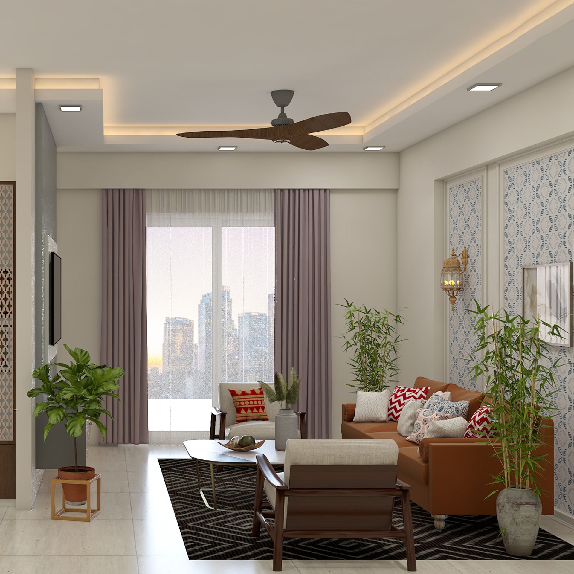 Compact Living Room Design With Wall Trims And Cove Lighting | Livspace