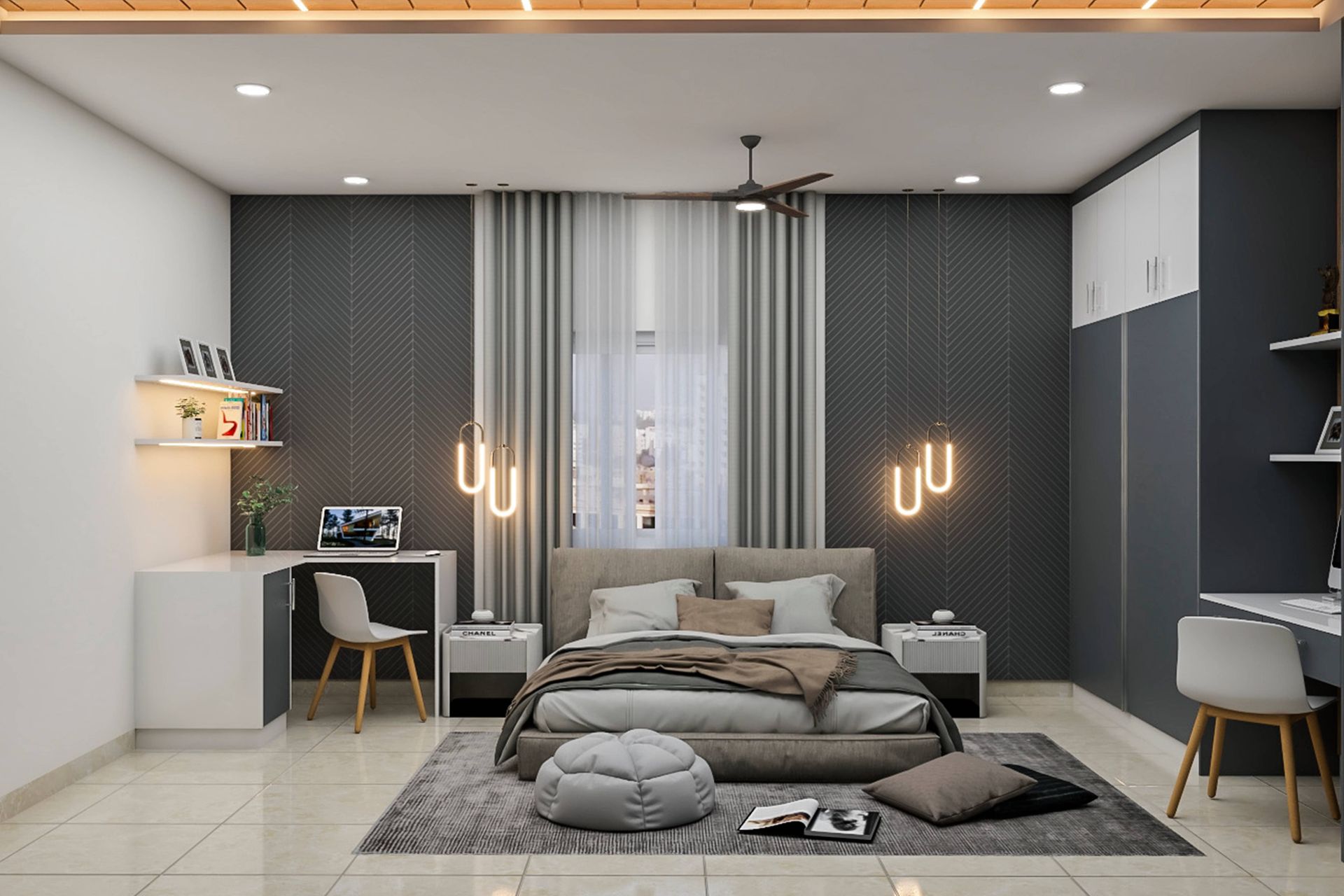Master Bedroom With Grey Wall Paenlling And Contemporary Aesthetics ...