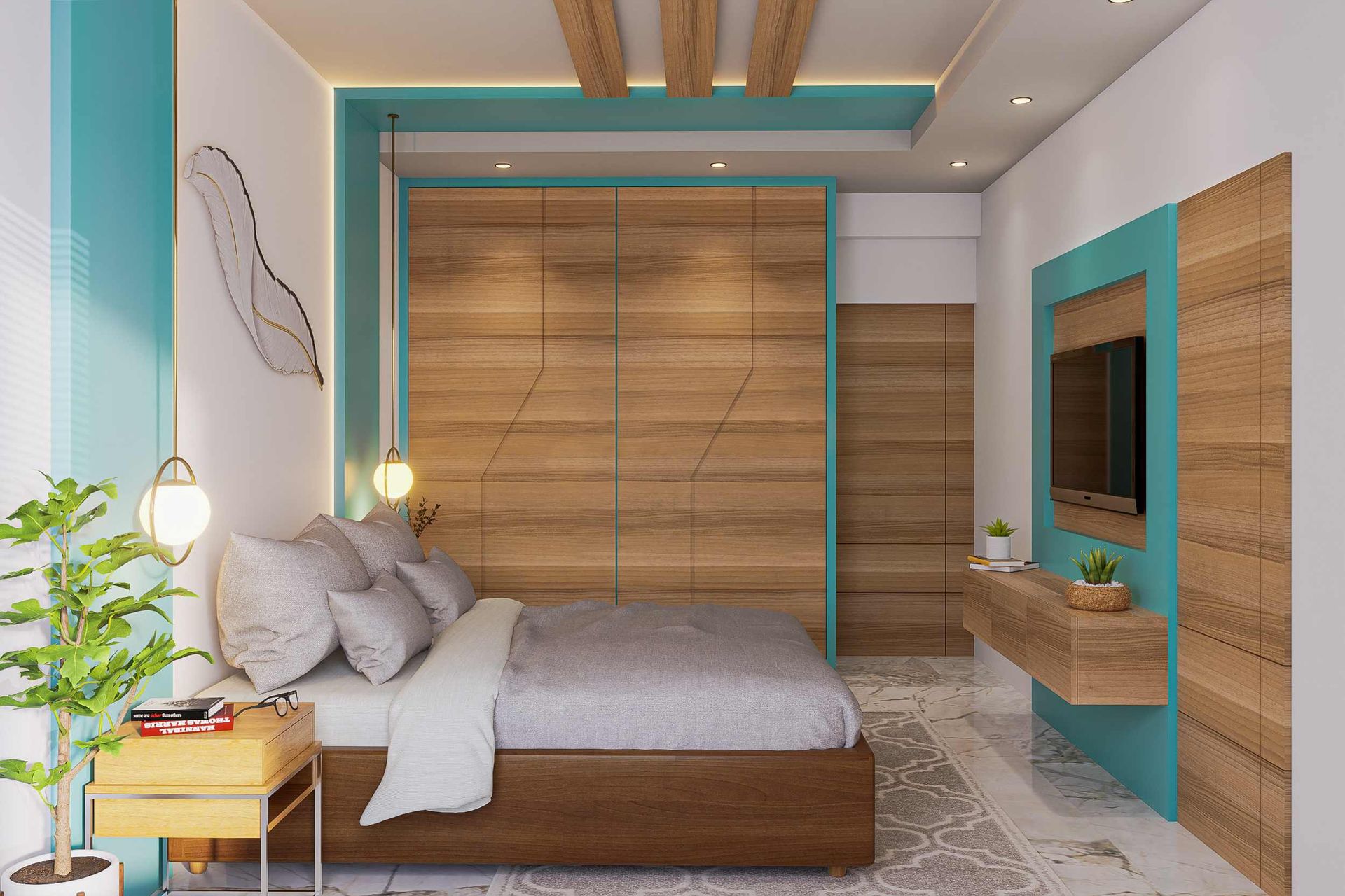 Spacious Bedroom Design With Hanging Lights | Livspace