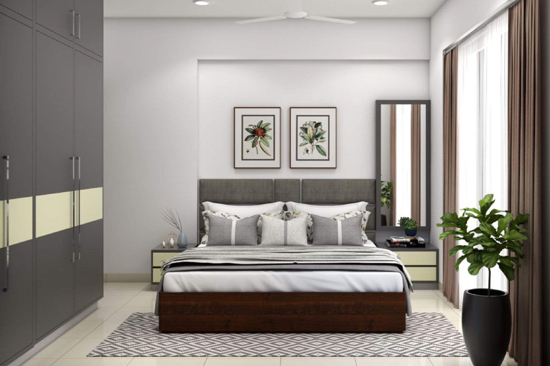 Master Bedroom Design With A Grey Hinged Wardrobe | Livspace