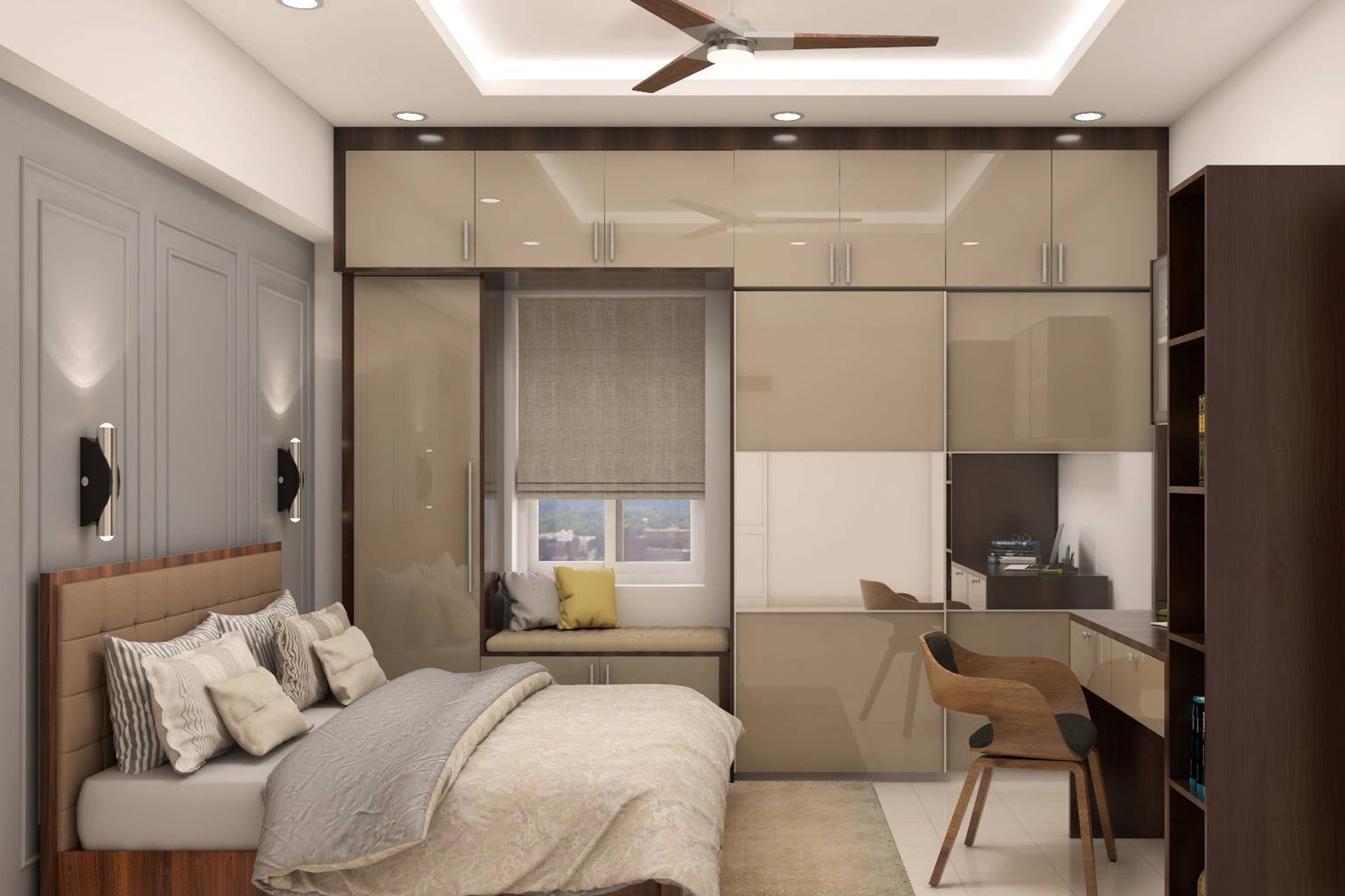 Compact Bedroom Design With Wall Lights | Livspace