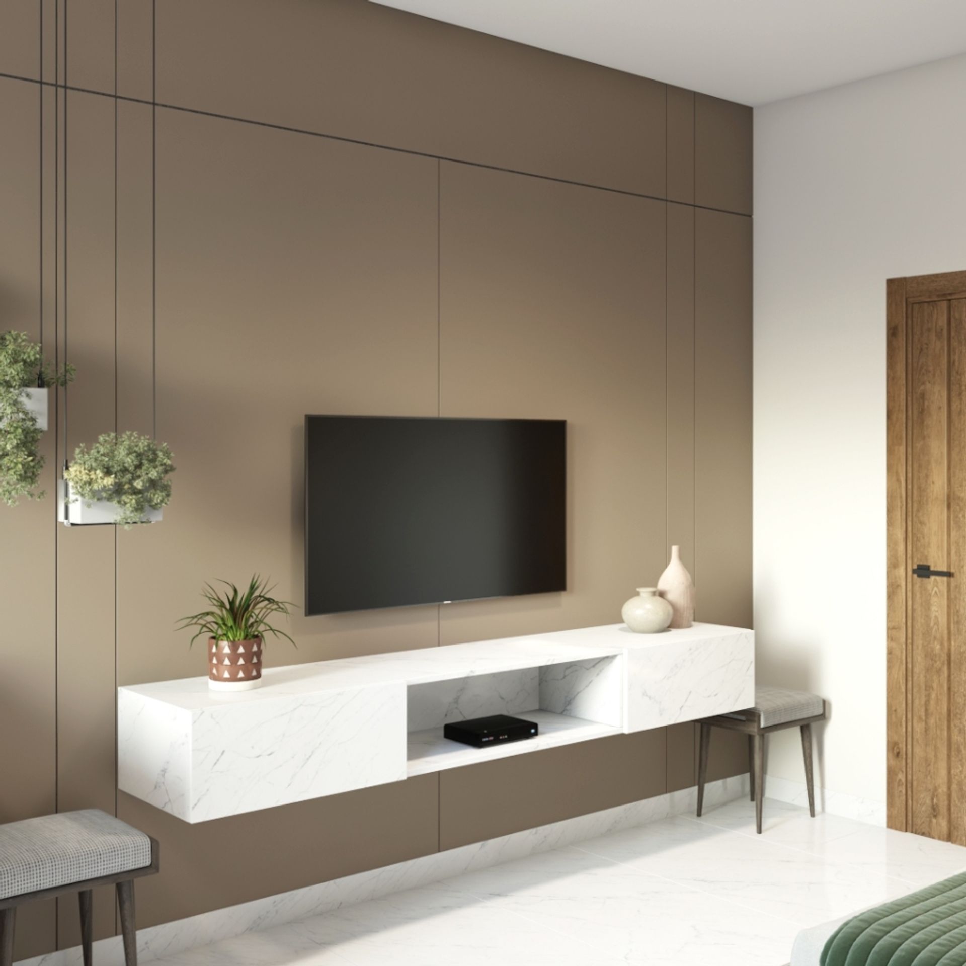 Marble White TV Unit Design With Brown Wall Panel - 8x1x8 Ft | Livspace