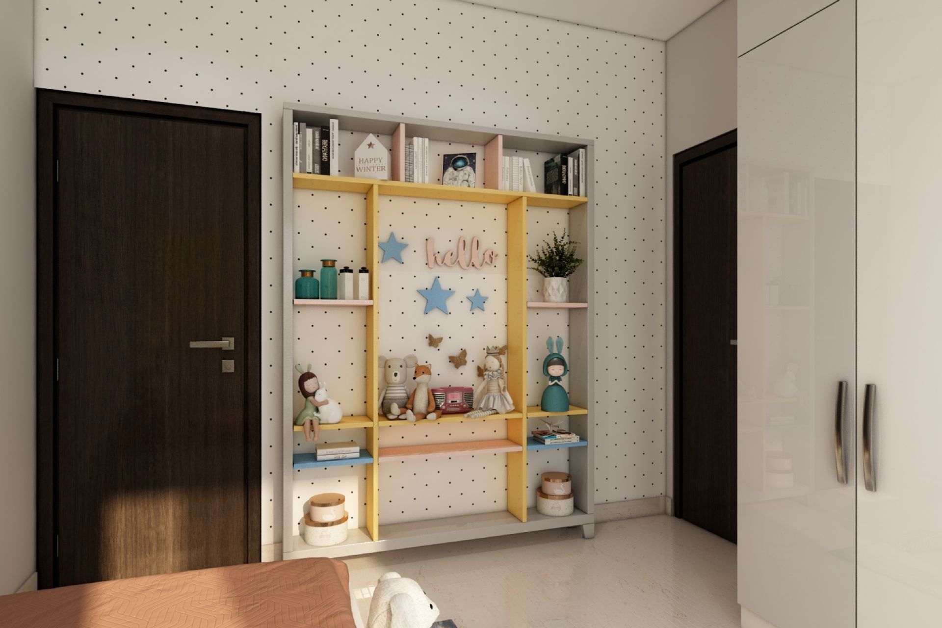 Boys Room Design With With Grey And White Glossy Wardrobe | Livspace