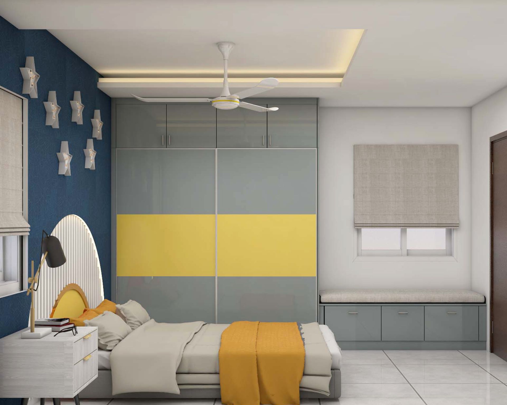 Boys Room Design With Dark Blue Accent Wall And Star Decor
