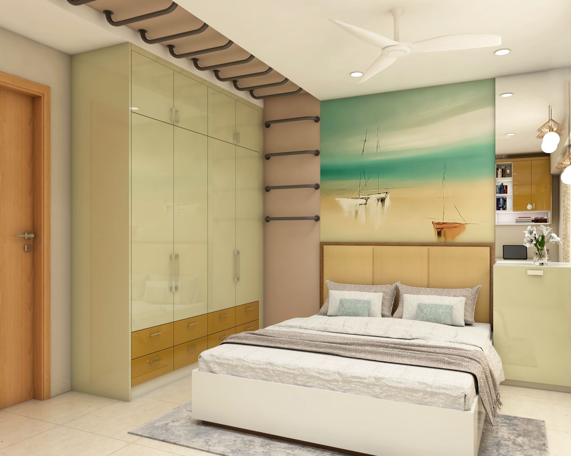 Boys Room Design With Glossy Wall Panel And Car Fixtures | Livspace