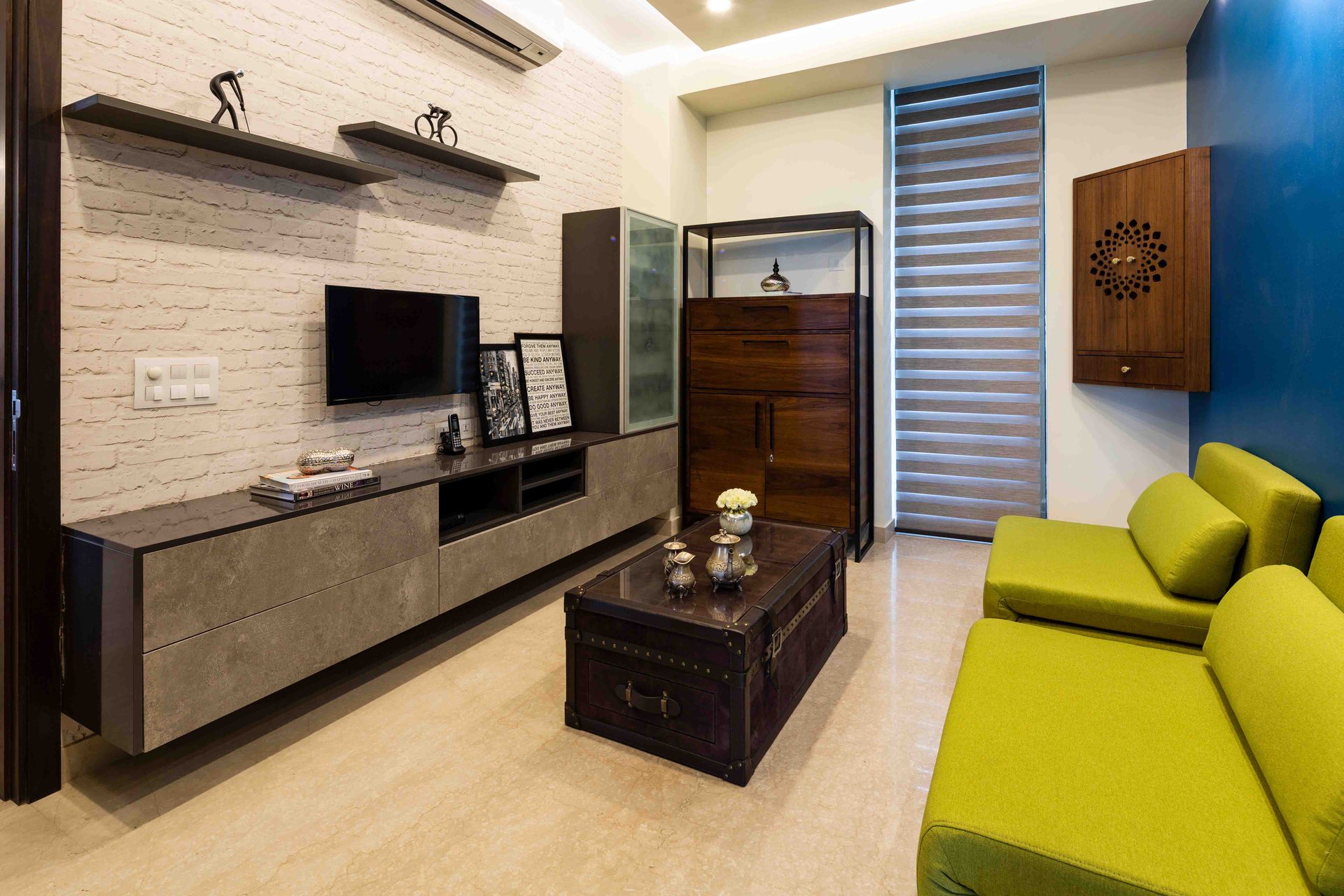 3-BHK Flat Design In Gurgaon With Rustic Guest Room And Red Brick Wall ...
