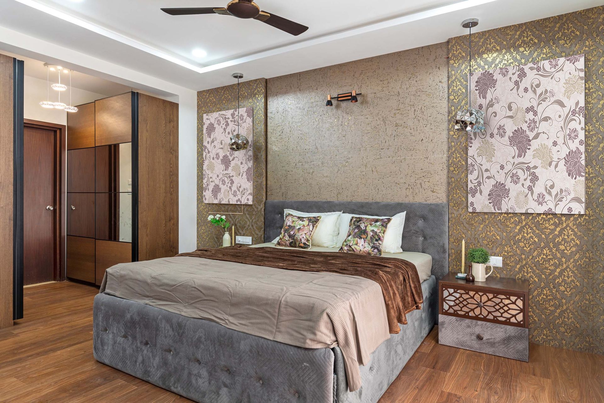 Master Bedroom Design With Grey And Gold Damask Wallpaper | Livspace