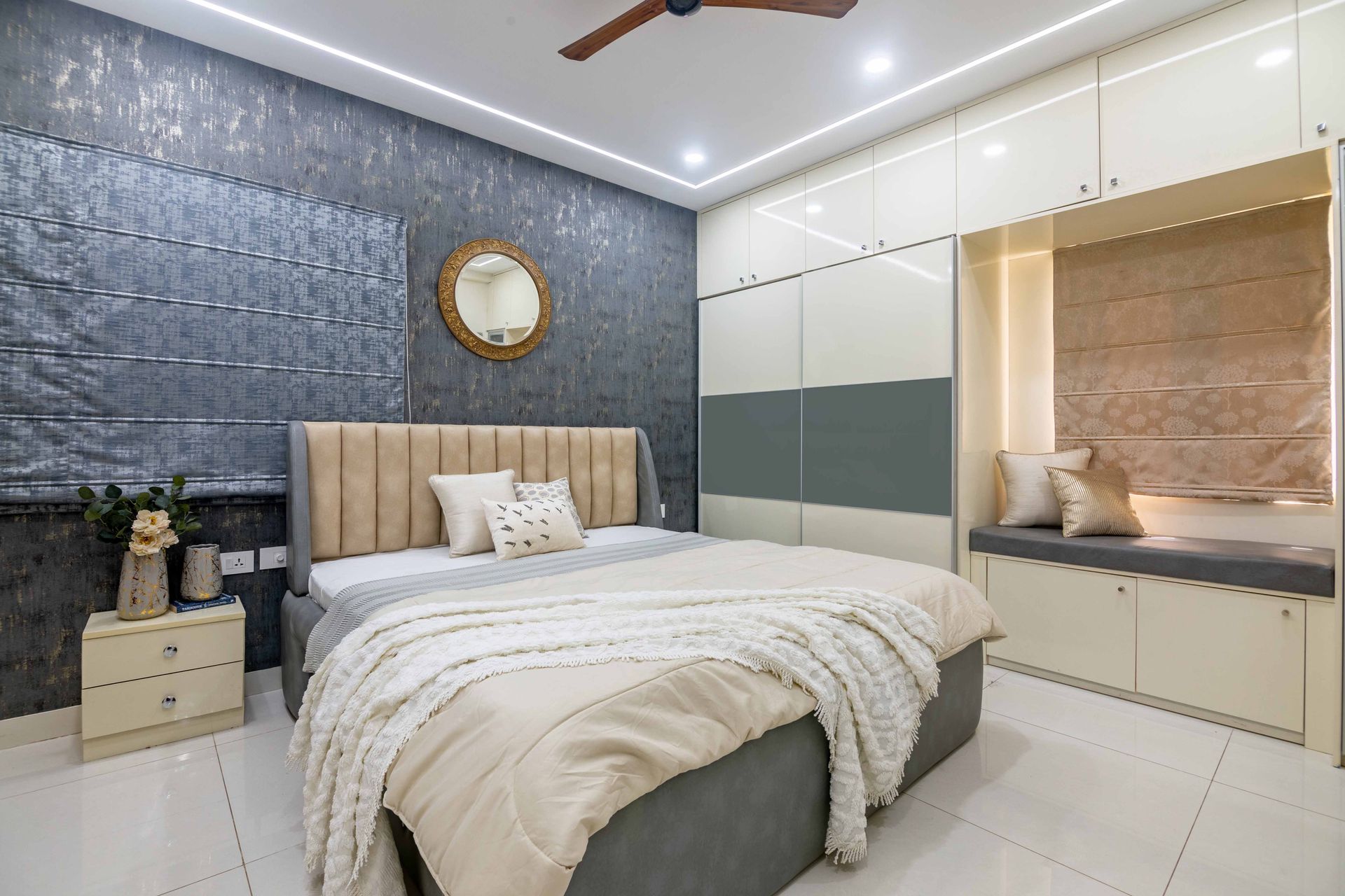 Bedroom Design With Grey And Gold Textured Accent Wall | Livspace