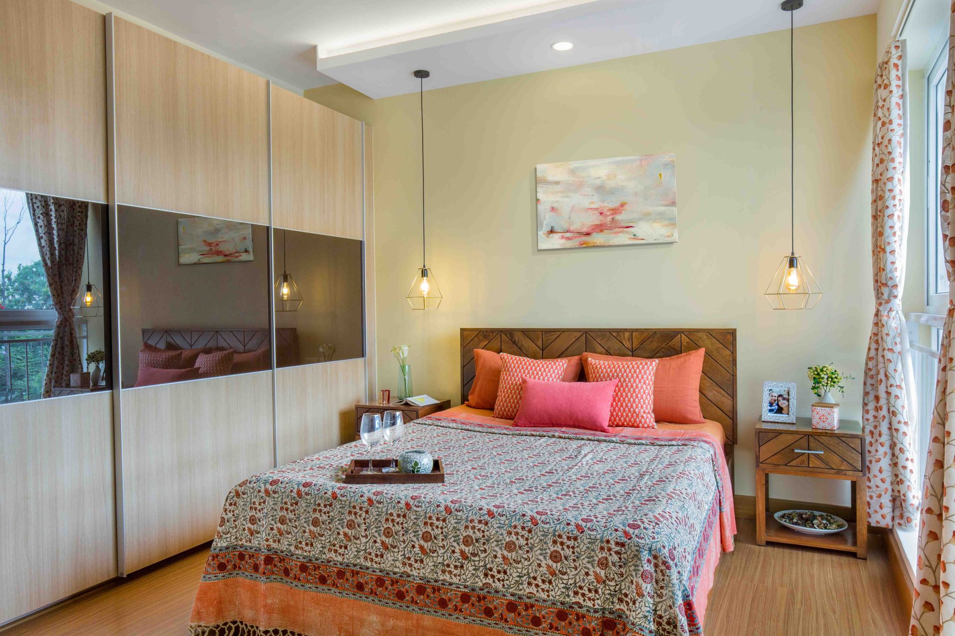 Master Bedroom Design With Wooden Bed And Light Yellow Accent Wall ...